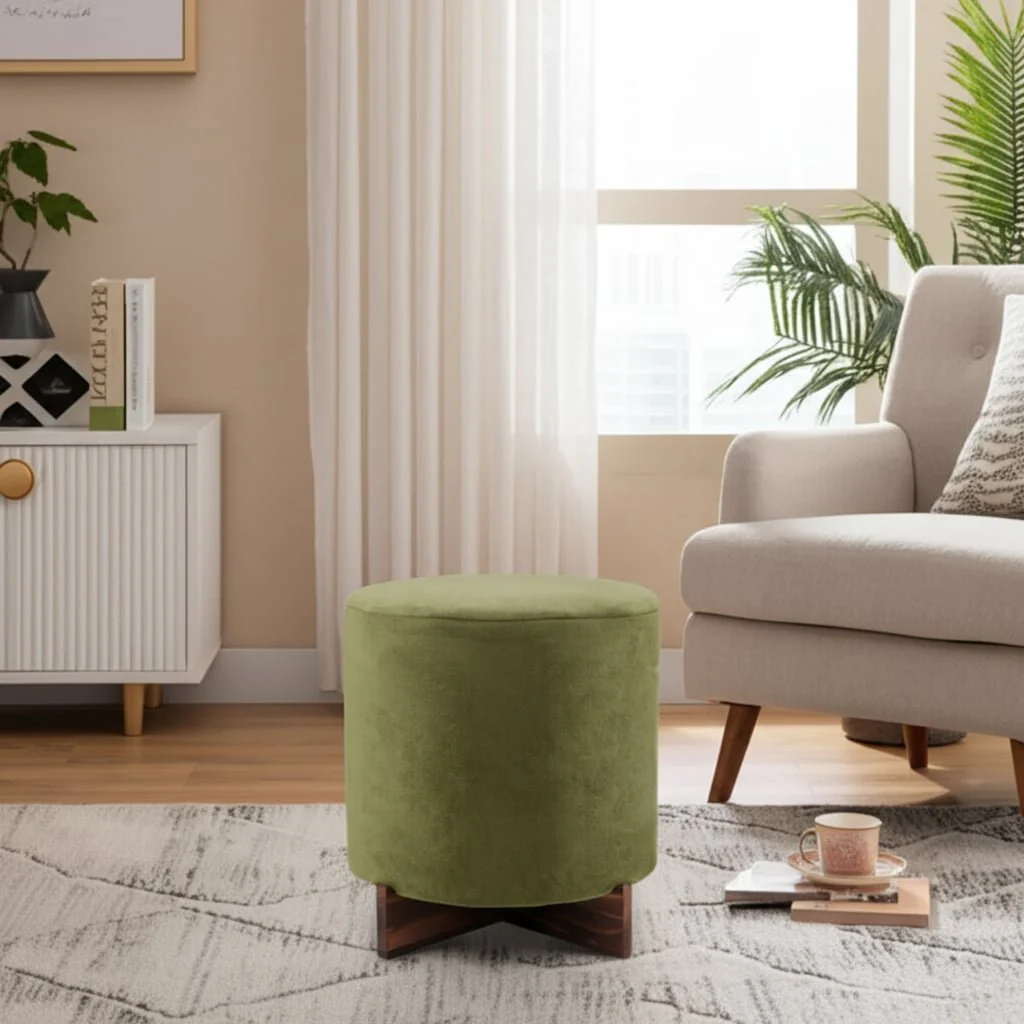 18" Modern Velvet Ottoman With Wood Base, Green - Image 9