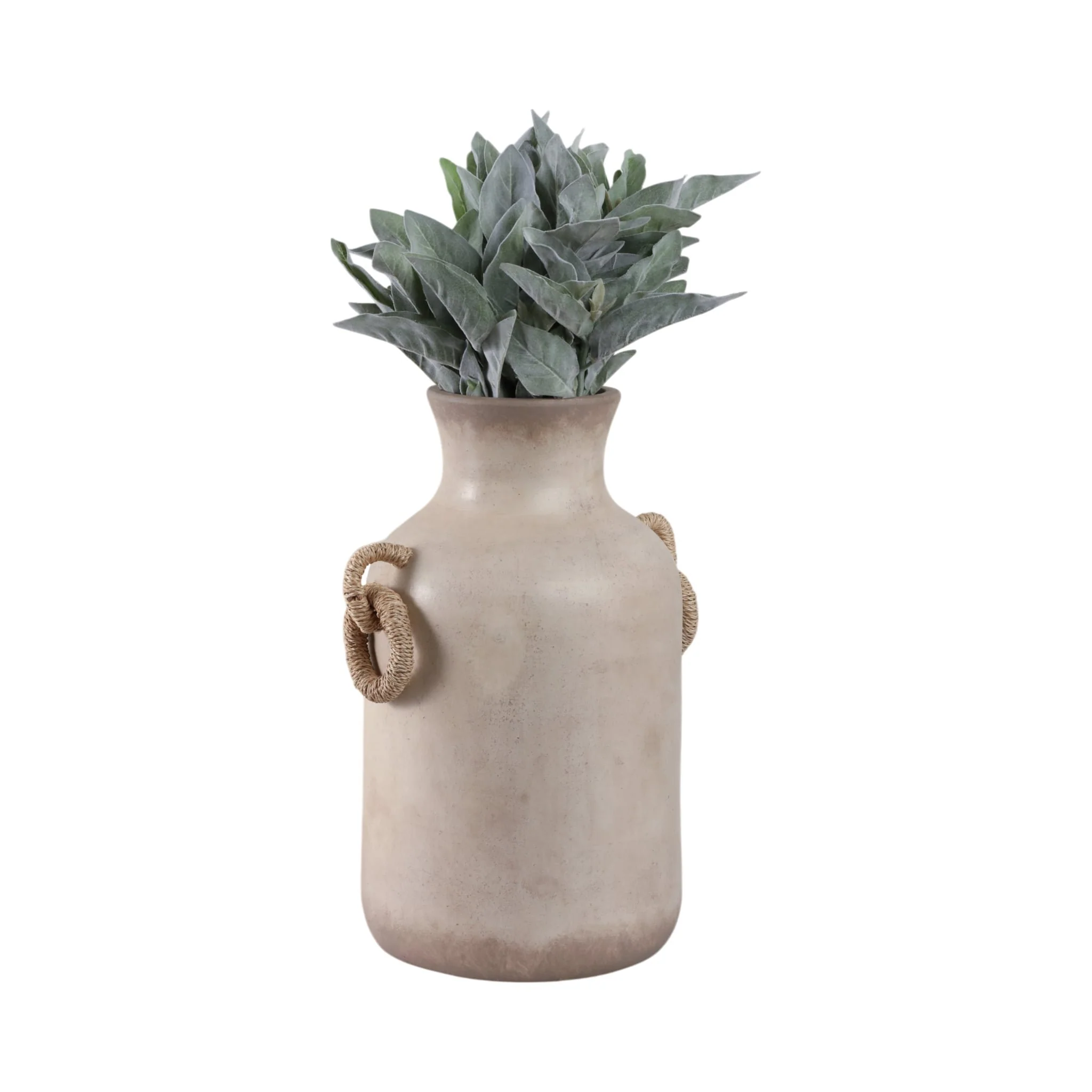 18" Vase With Rattan Handles, Antique White - Image 2