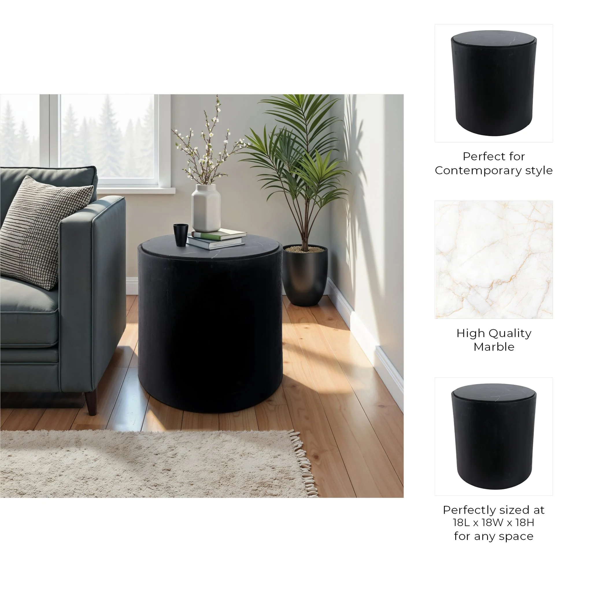 18x18 Marble Inlay Rnd Accent Table, Blk/wht - Image 10