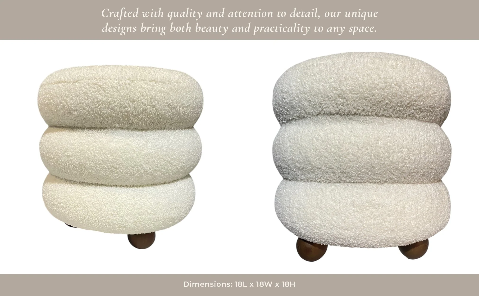 18x18" Ribbed Teddy Ottoman W/ Ball Feet, Ivory - Image 10