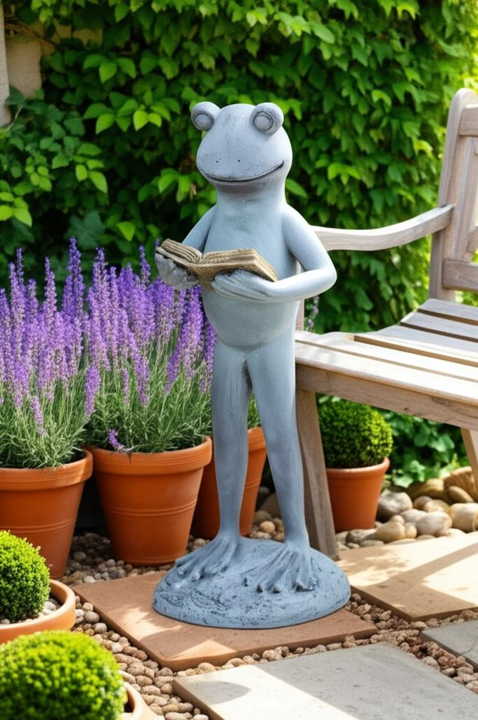 18x7" Standing Frog Reading A Book, Grey - Image 10
