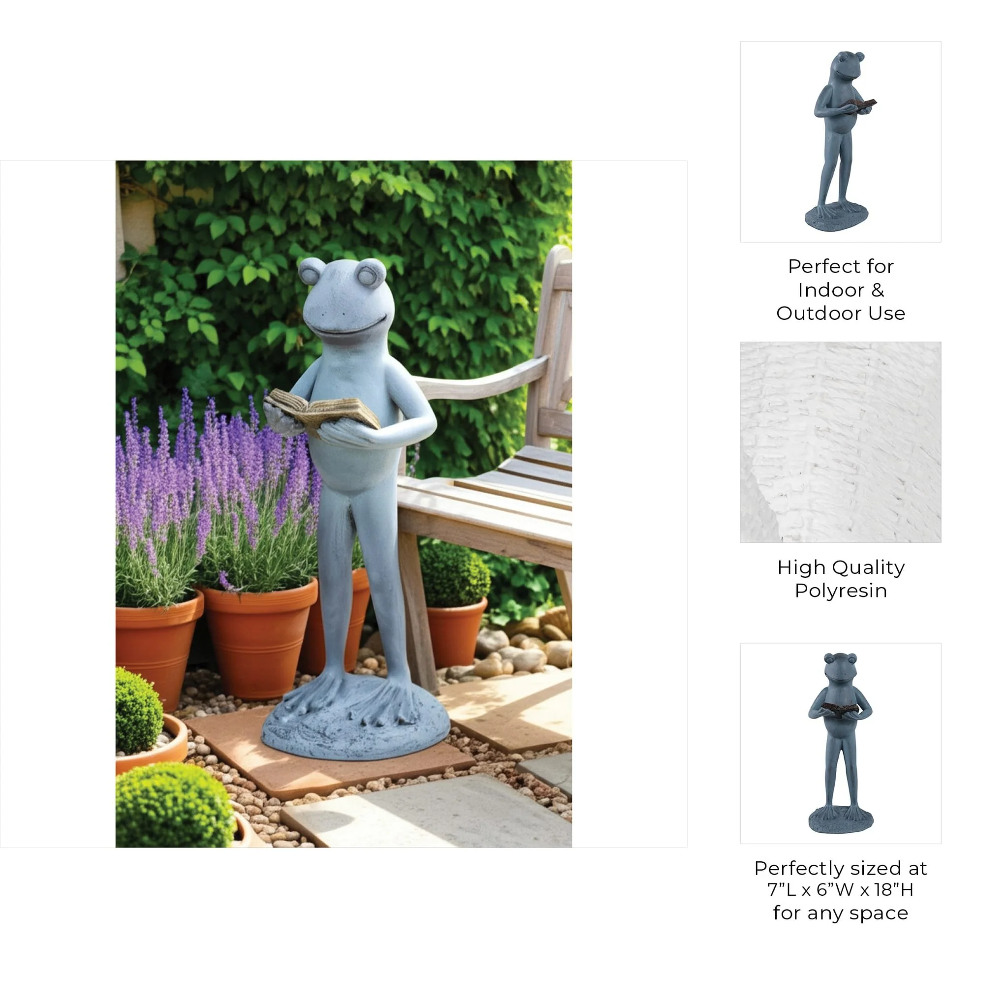 18x7" Standing Frog Reading A Book, Grey - Image 9