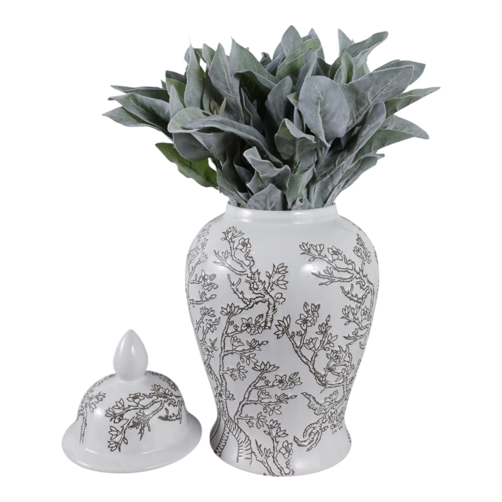 18x9" Cherry Blossom Temple Jar, White/ Brown - Image 2