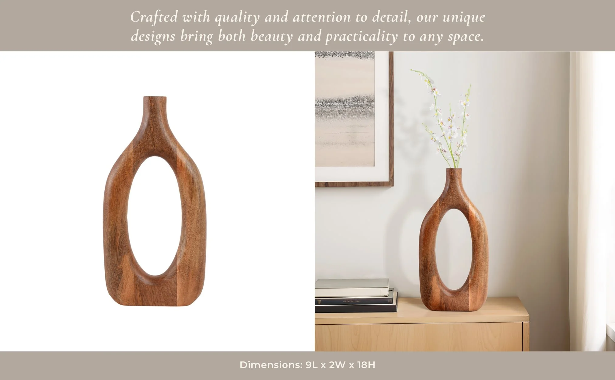 18x9" Open Cut-out Wood Vase, Natural - Image 12
