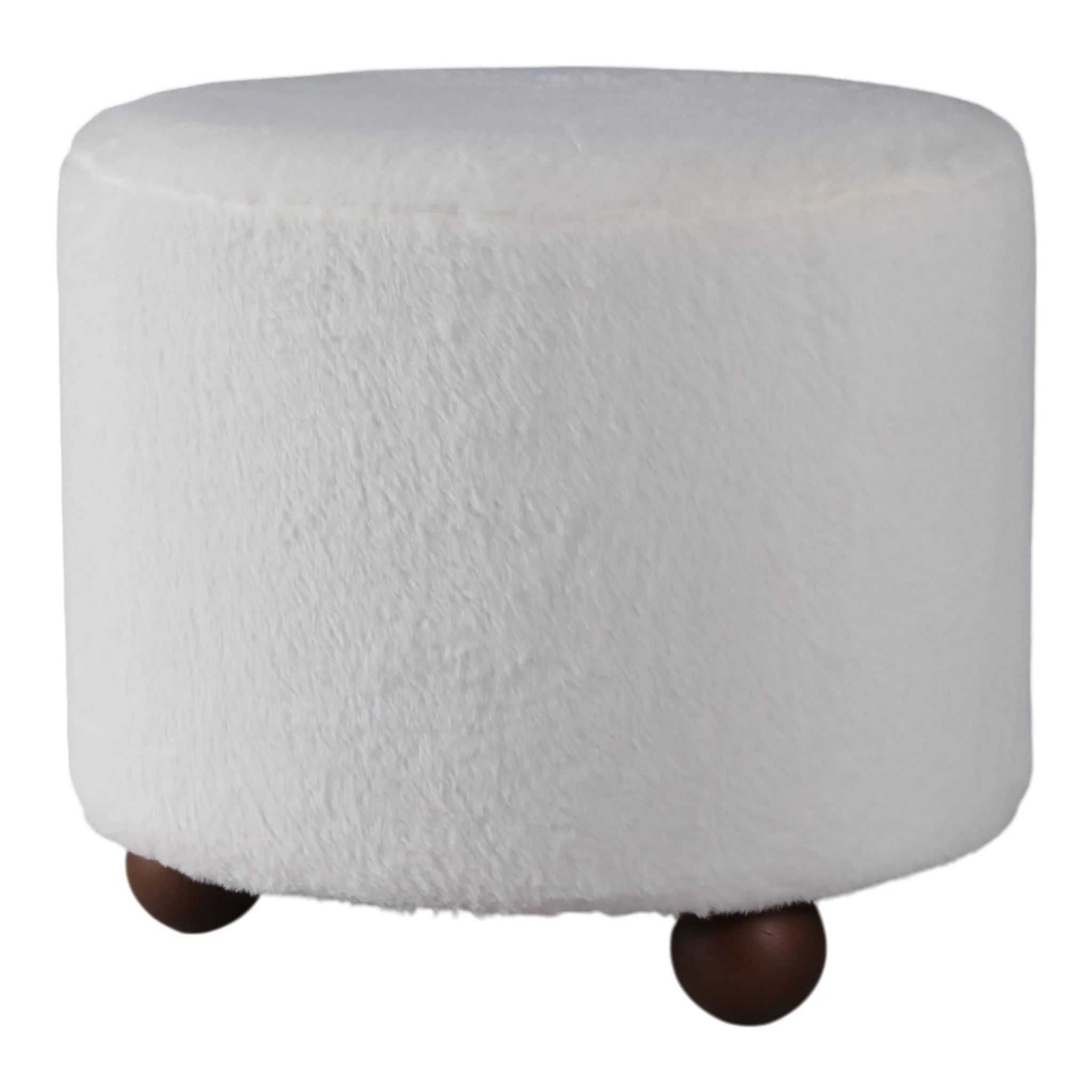 20" Faux Fur Ottoman W/ Ball Feet, Ivory - Image 2