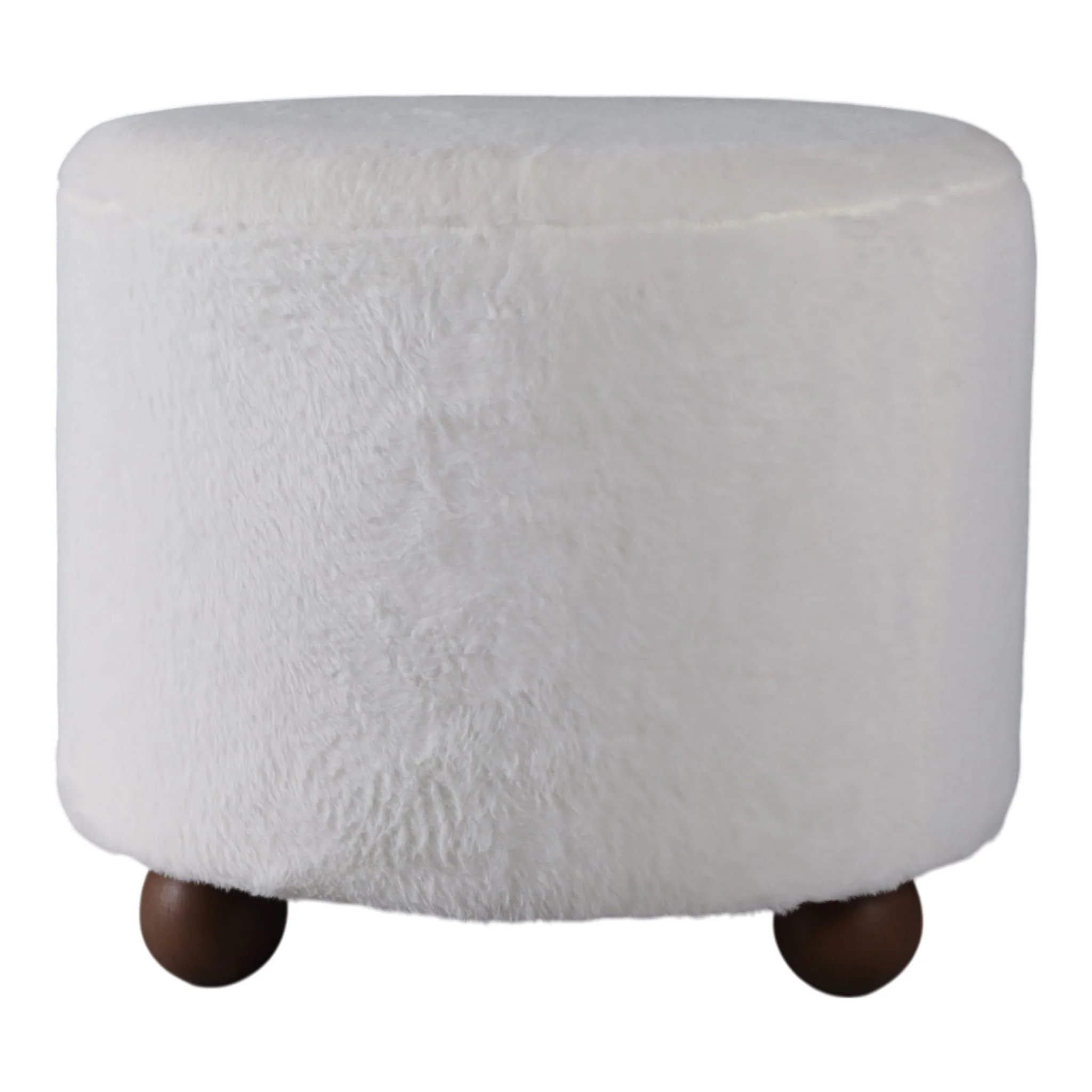 20" Faux Fur Ottoman W/ Ball Feet, Ivory - Image 4