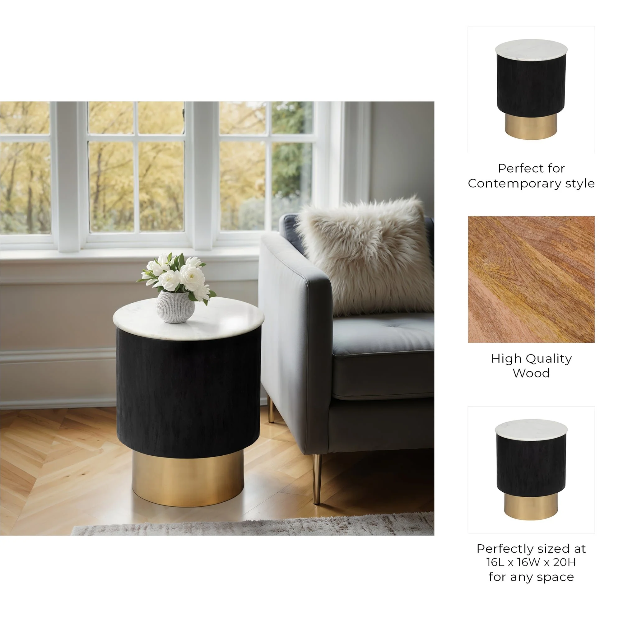 20" Gold Pedestal Accent Table Marble Top, Wht/blk - Image 8