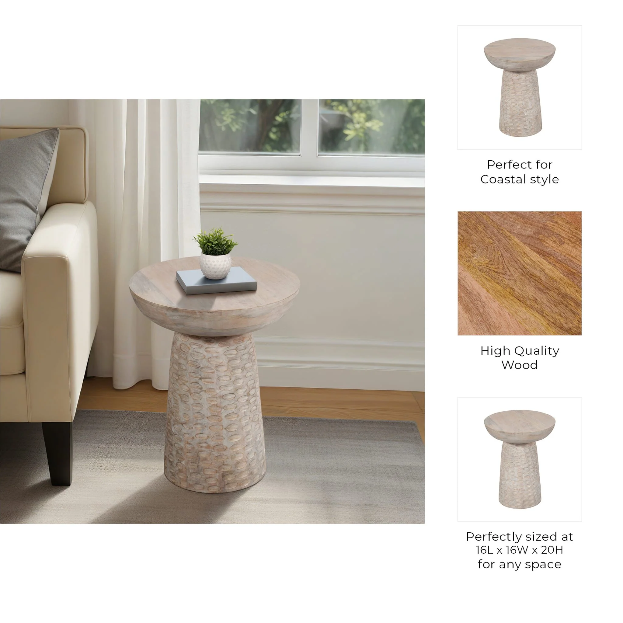20" Hammered Base Wood Accent Table, White Wash - Image 8