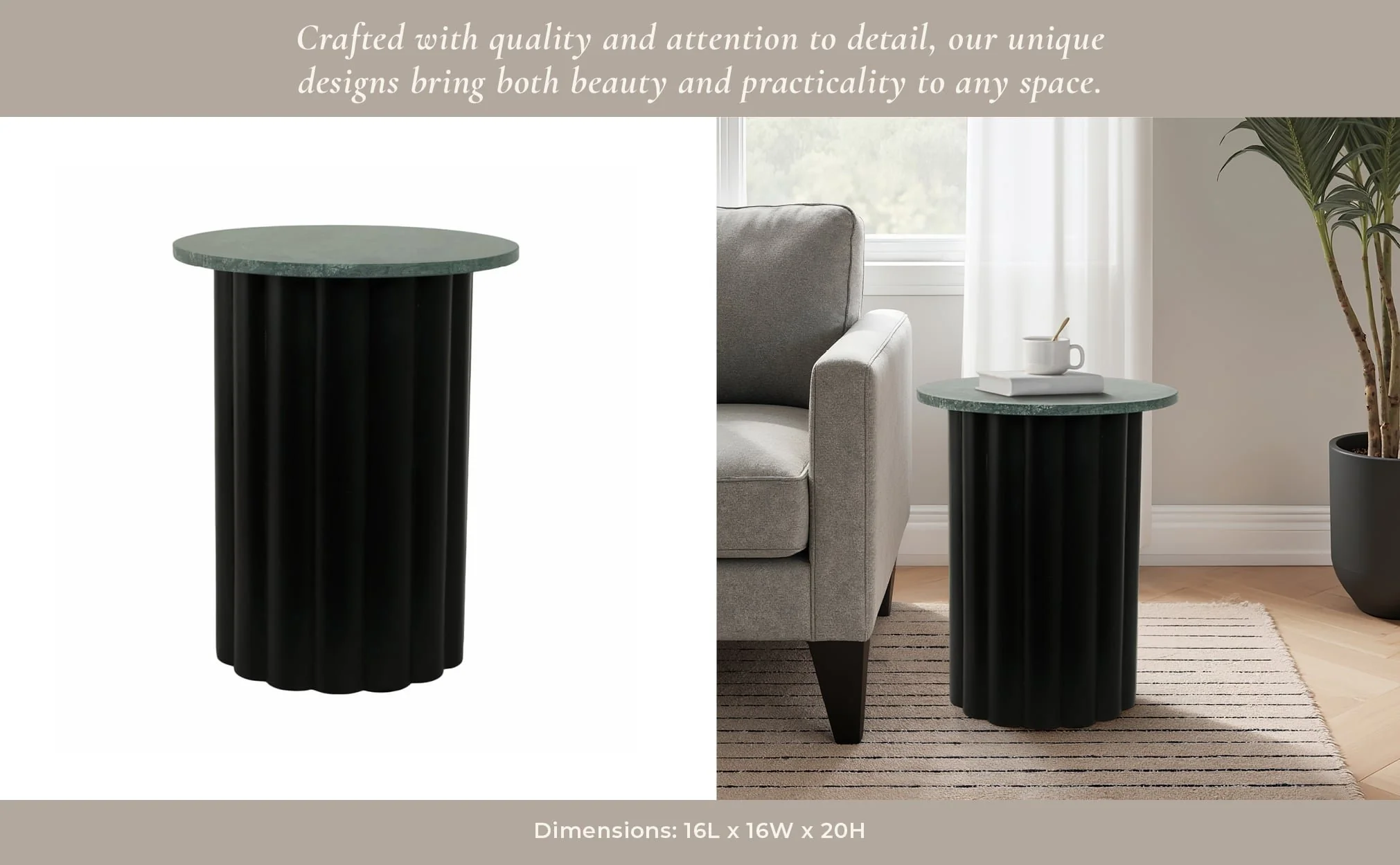 20" Large Ribbed Accent Table Marble Top, Blk/grn - Image 11