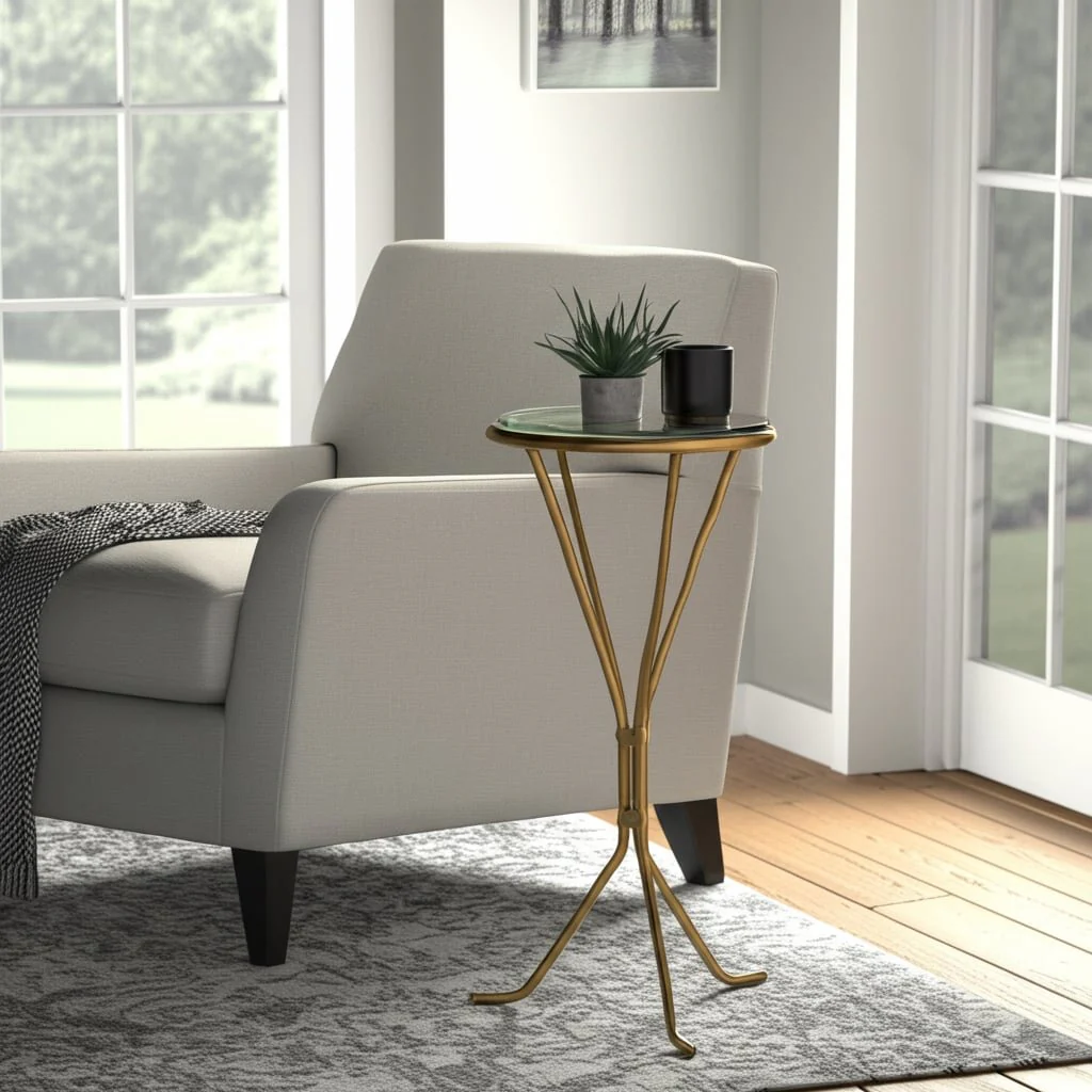 22x11" Recycled Glass Top Metal Drink Table, Gold - Image 12