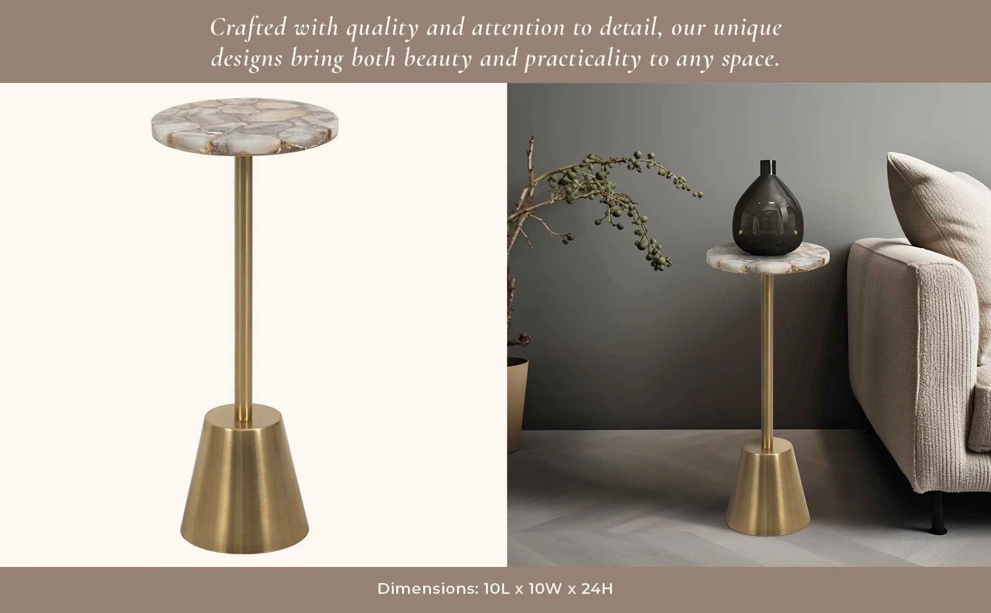 24" Agate Top Polished Edge Accent Table, Gold - Image 10