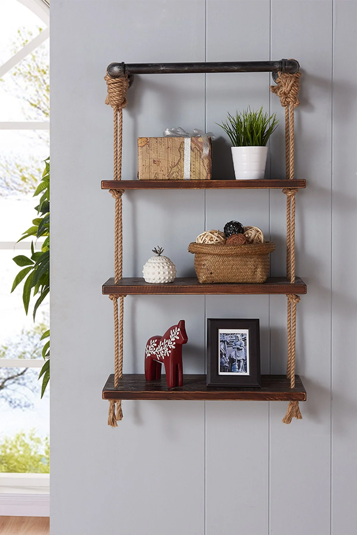 24" Brannon Modern Pine Wood Floating Wall Shelf in Gray and Walnut Finish - Image 4