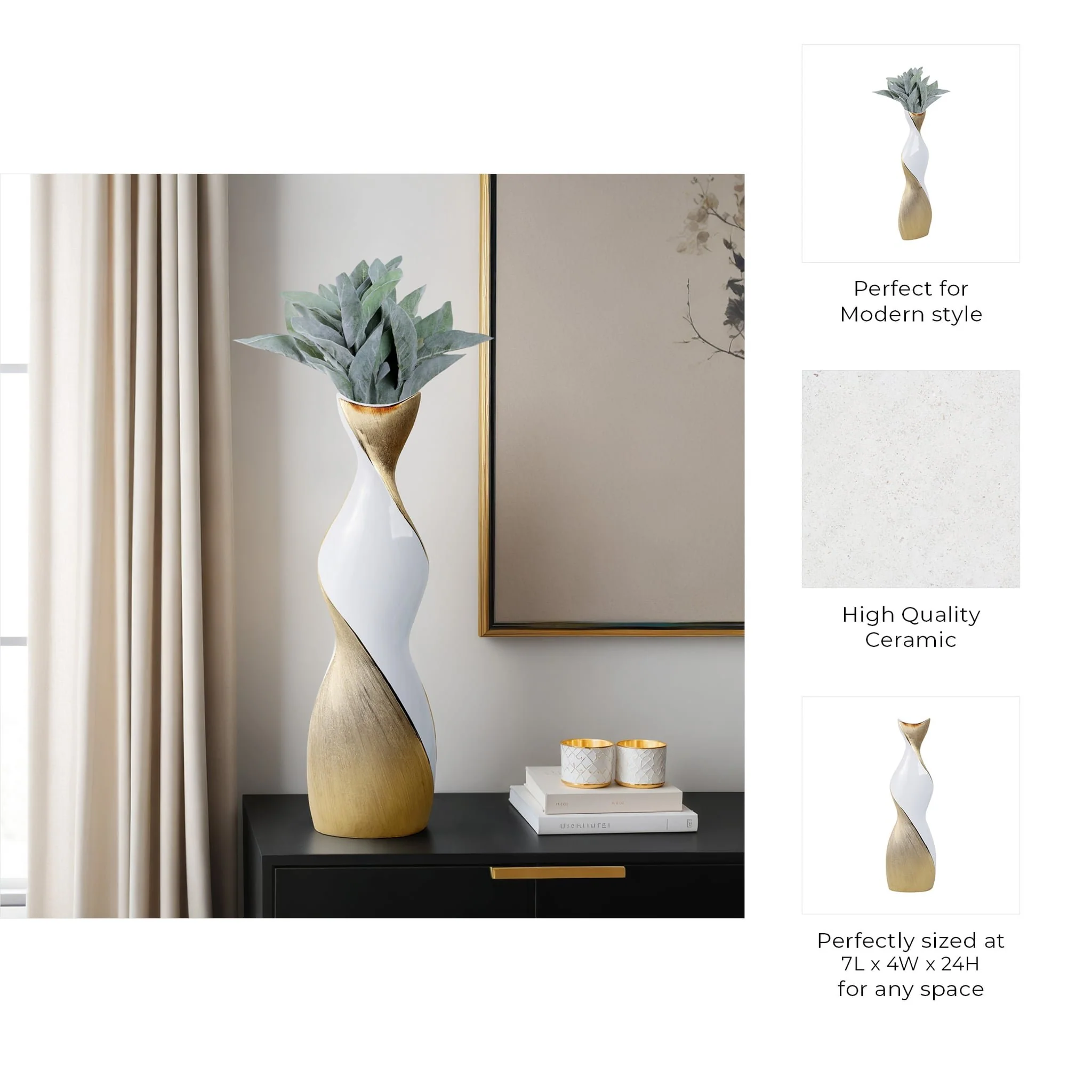 24" Twisted Vase, White/gold - Image 8