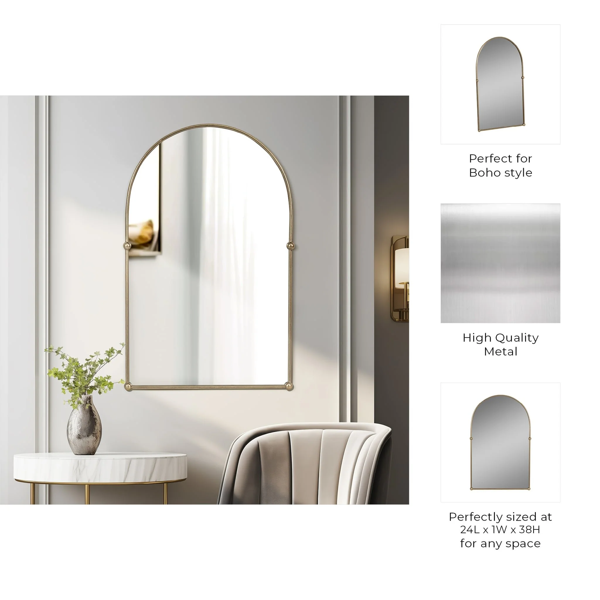 24x38 Arch Mirror With 4 Knobs, Gold - Image 8