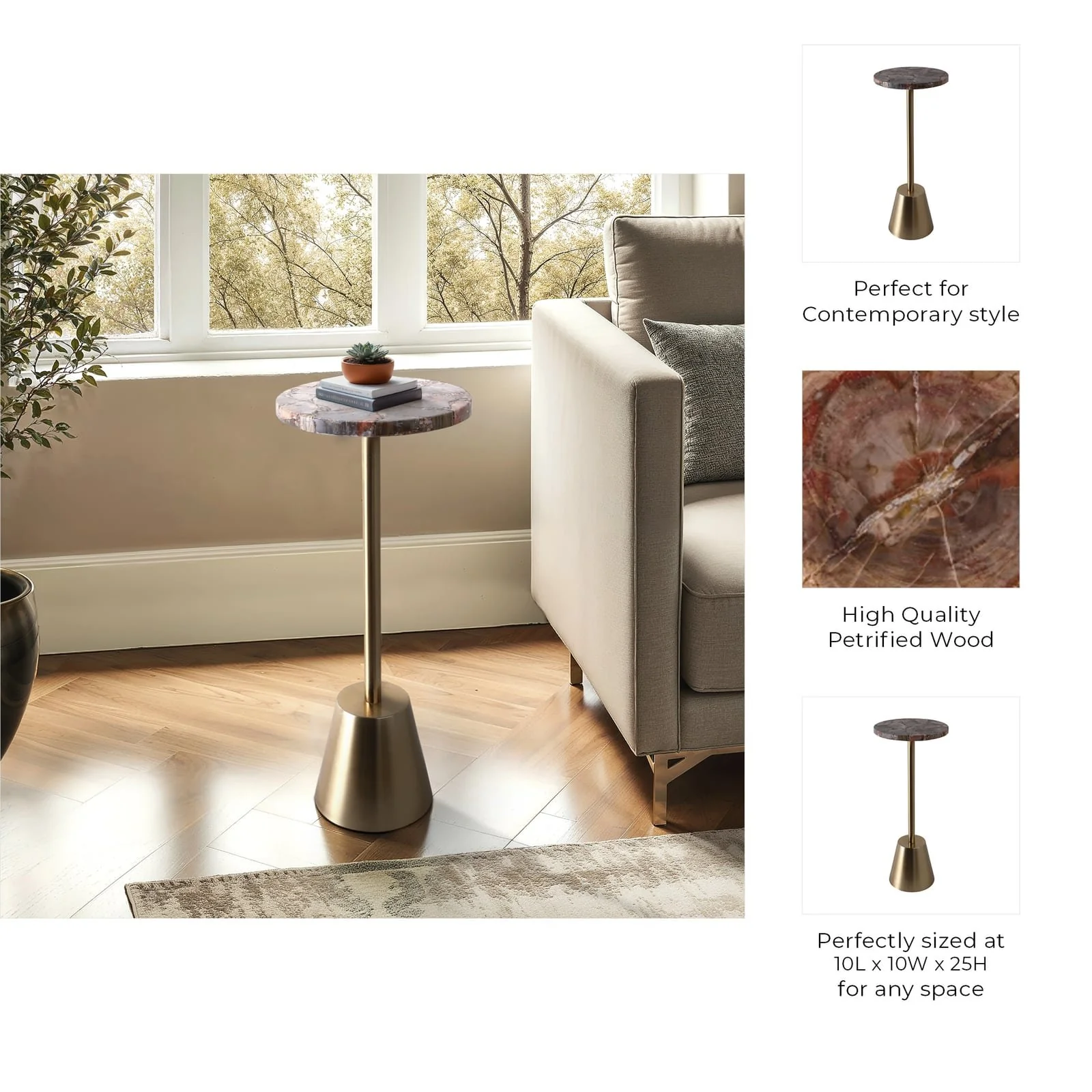25x10" Petrified Wood Top Drink Table, Brown/gold - Image 10