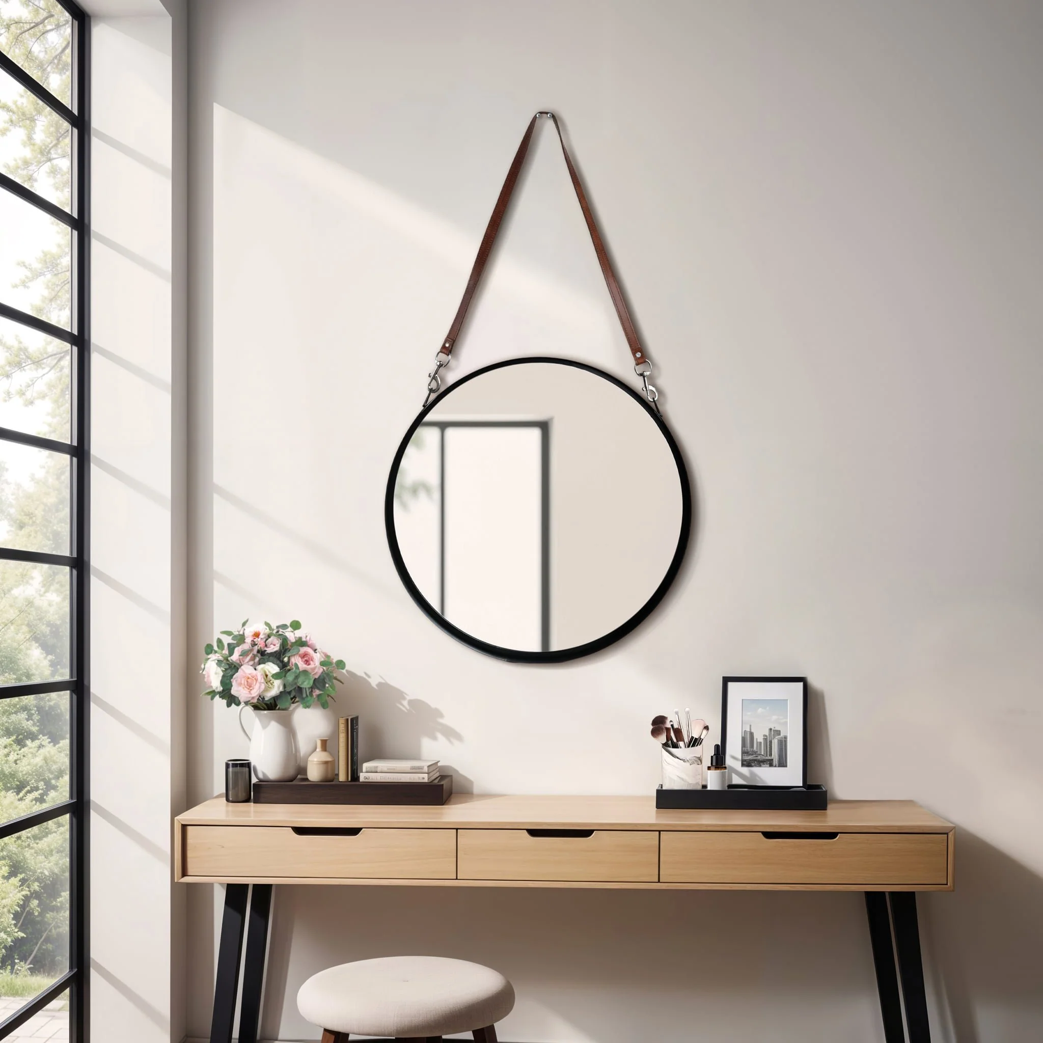 28" Round Mirror W/ Leather Strap, Black - Image 9