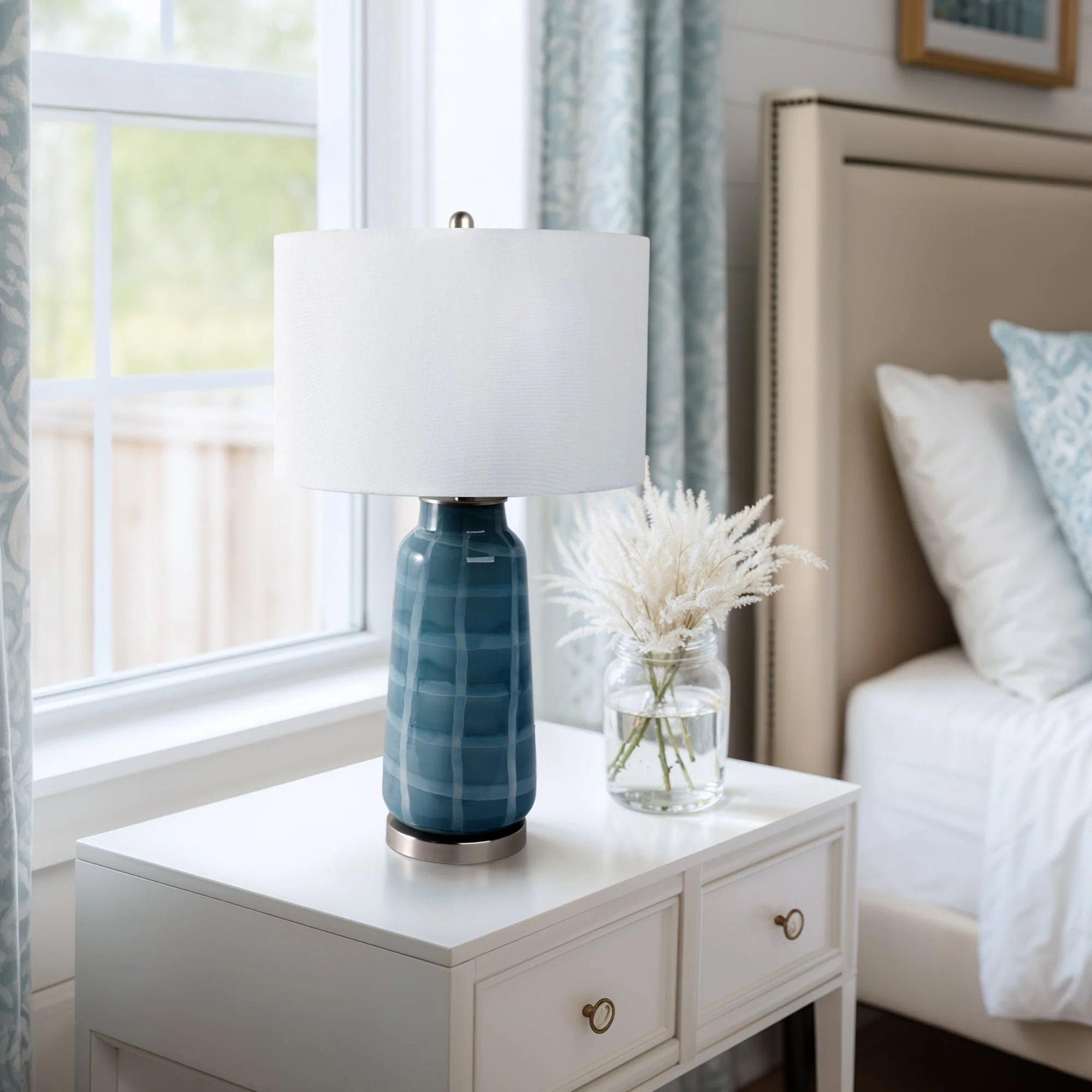 29x17" Checkered Glass Table Lamp, Blue - Image 8