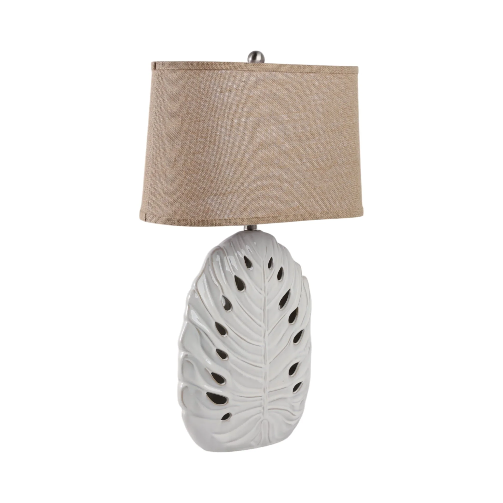 29x18" Pierced Leaf On Ceramic Lamp, White - Image 2
