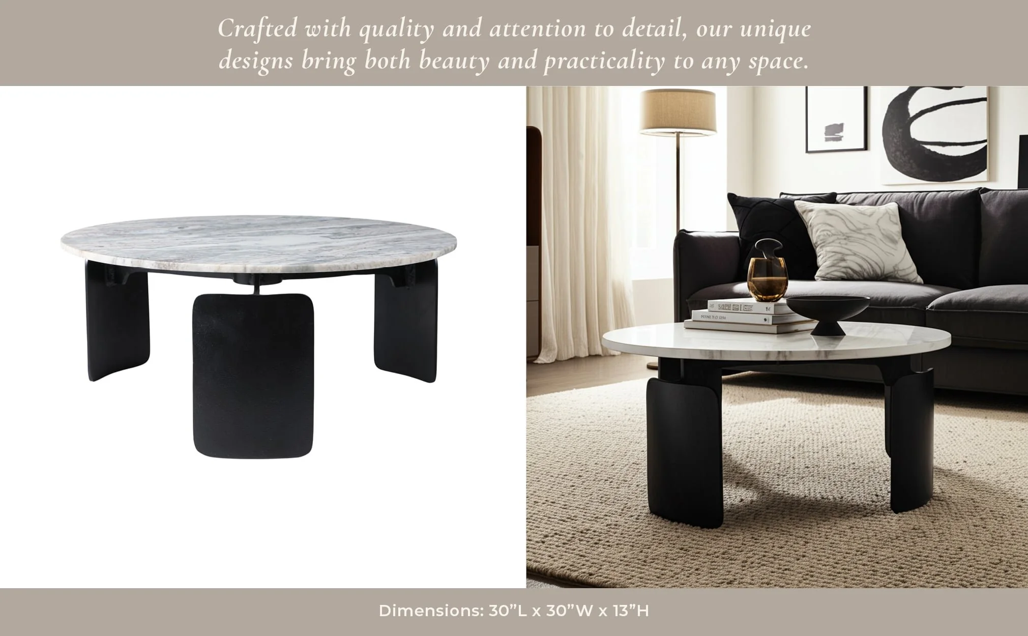 30x13" Marble Top 3-footed Coffee Table, Grey/ Blk - Image 13