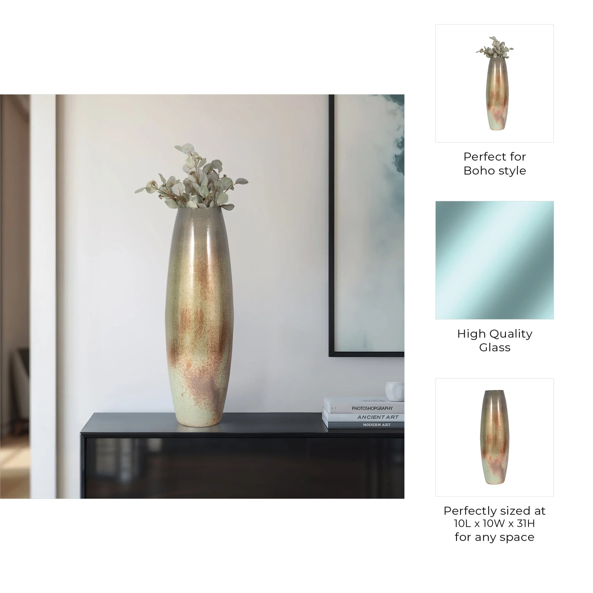31" Curved Glass Vase Green Mercury Ombre, Multi - Image 9