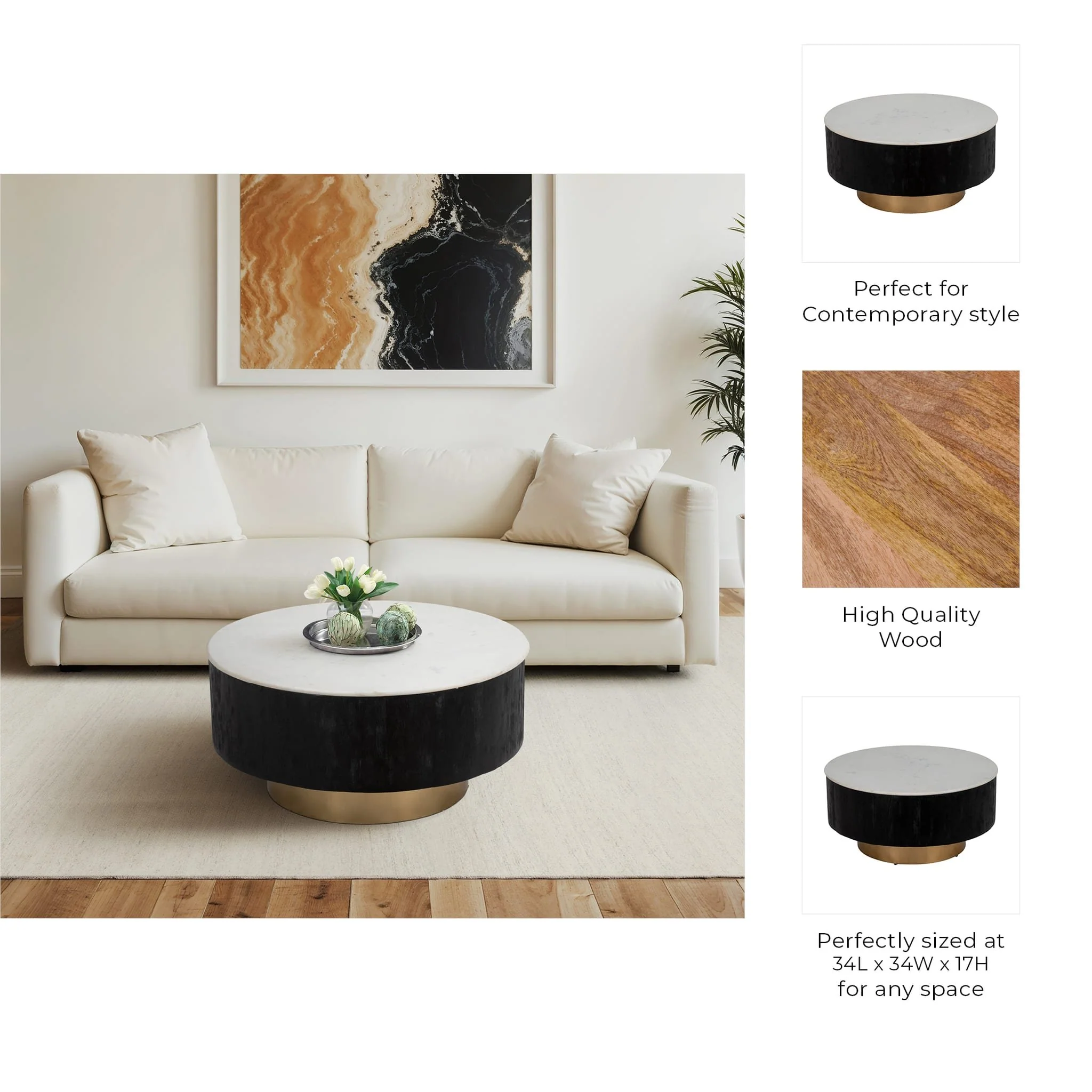 34" Gold Pedestal Coffee Table Marble Top, Wht/blk - Image 8