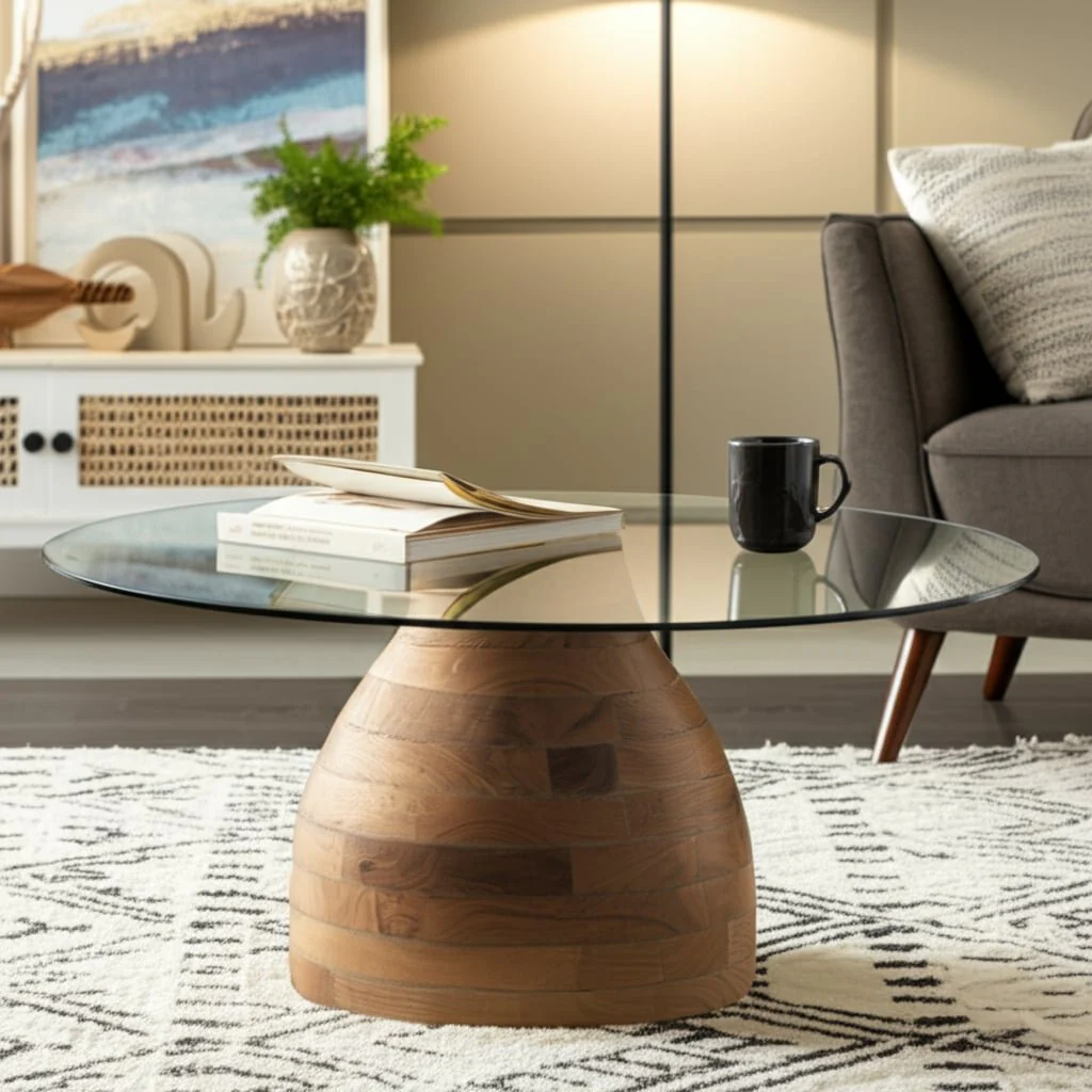 34" Striped Wood Coffee Table With Glass Top, Natu - Image 11