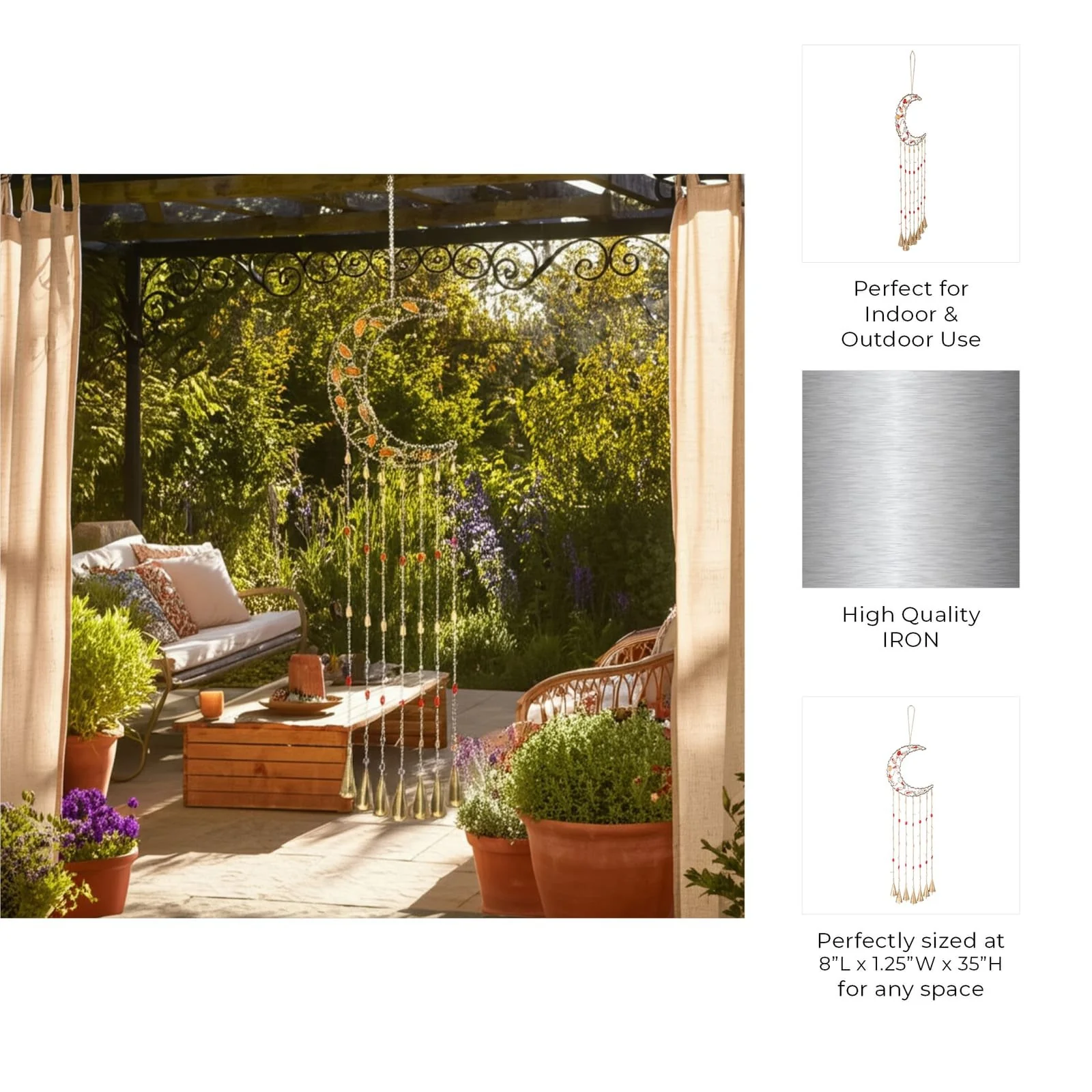 35x8" Beaded Mosaic Crescent Moon Chime, Multi - Image 9