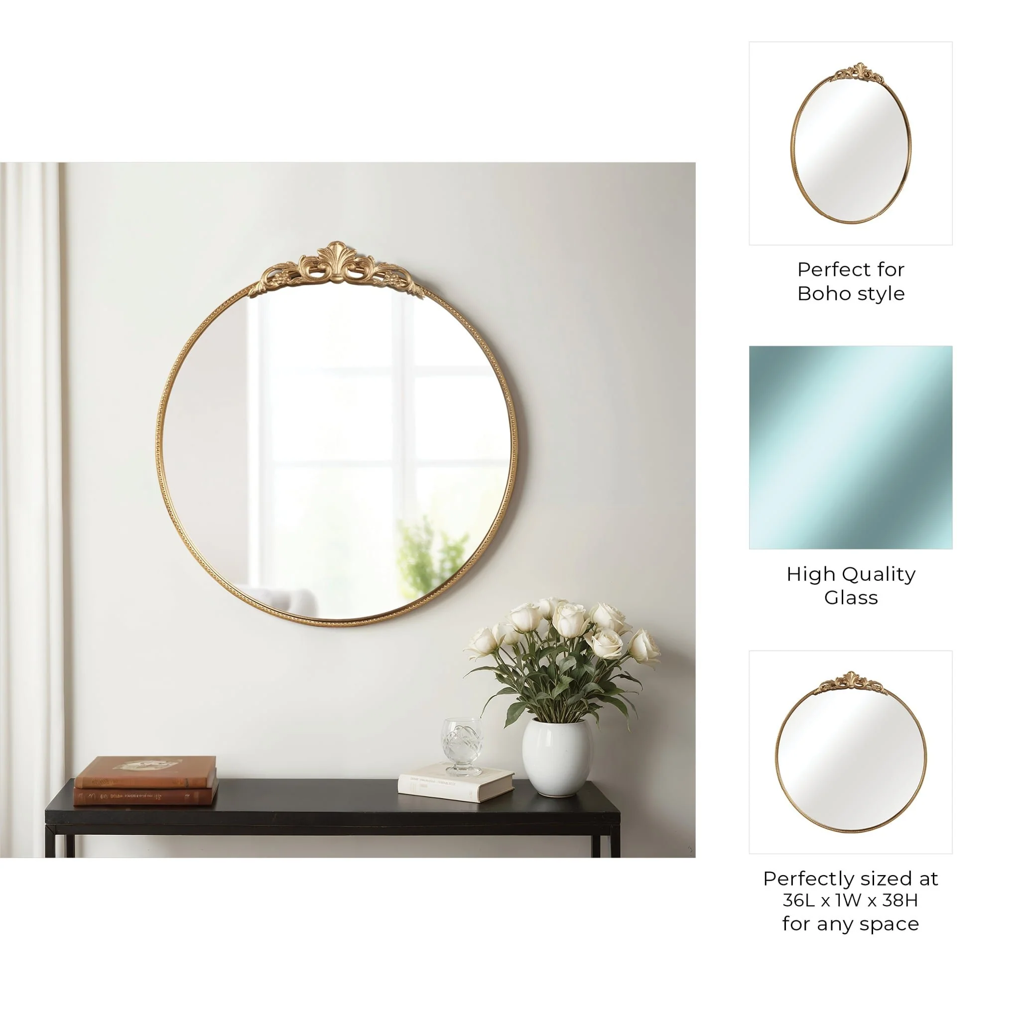 36" Fleur Applique Round Mirror, Gold Wb - Image 8