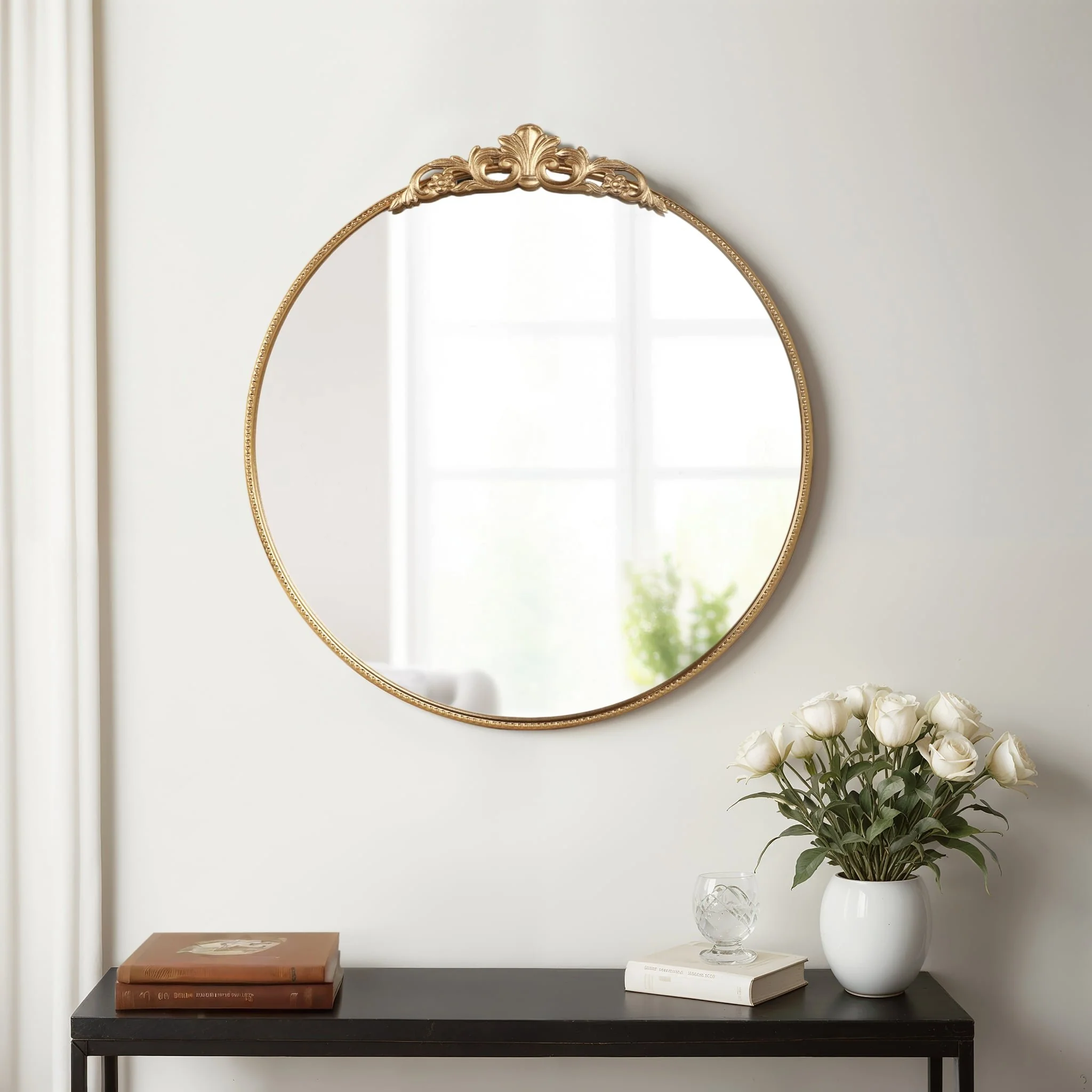 36" Fleur Applique Round Mirror, Gold Wb - Image 9