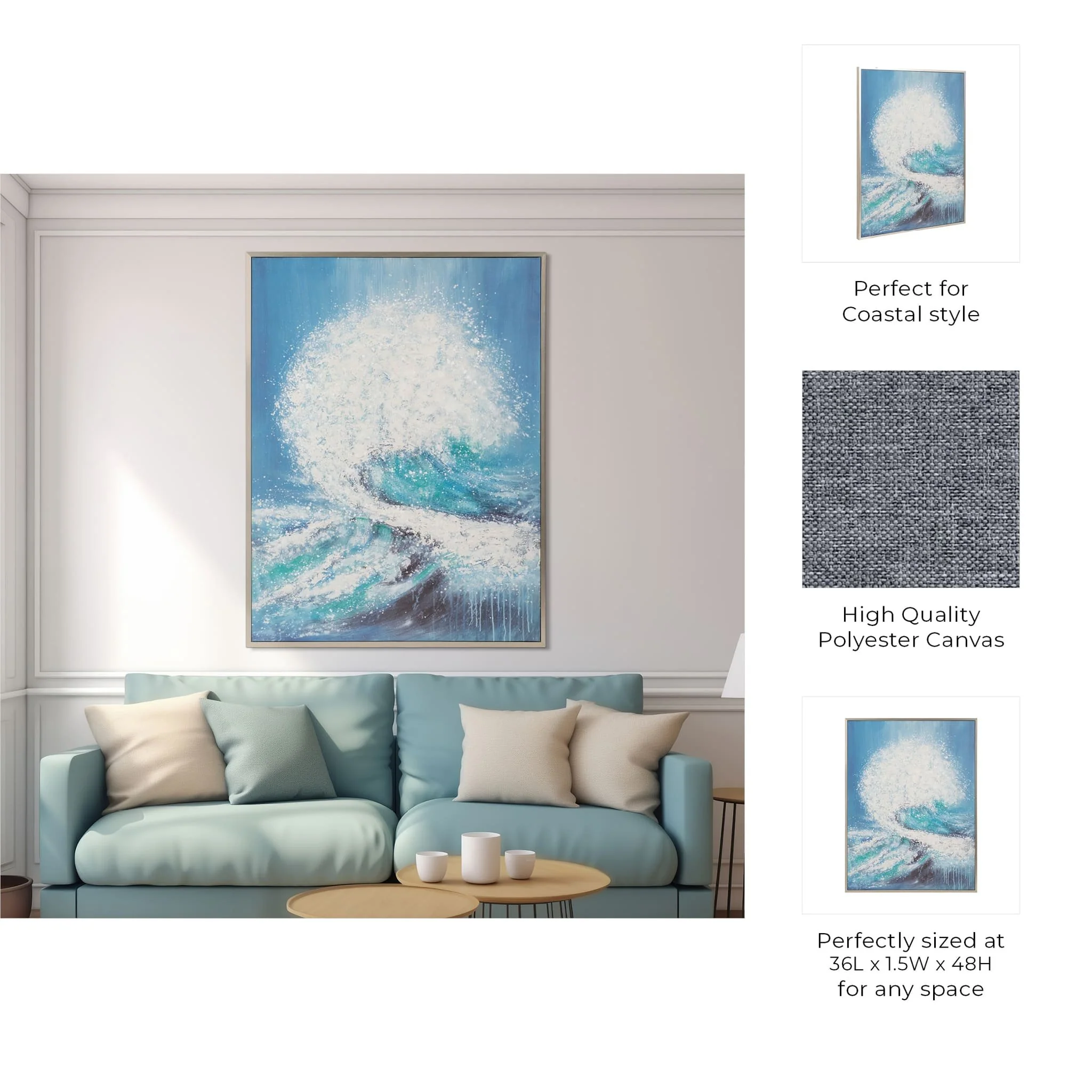 36x48 Handpainted Waves Canvas, Aqua - Image 8