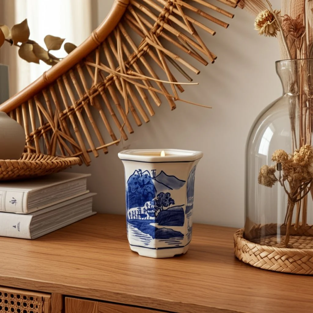 4", 6oz Chinoiserie Candle , Blue/white - Image 10