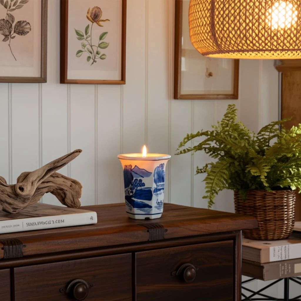 4", 6oz Chinoiserie Candle , Blue/white - Image 11