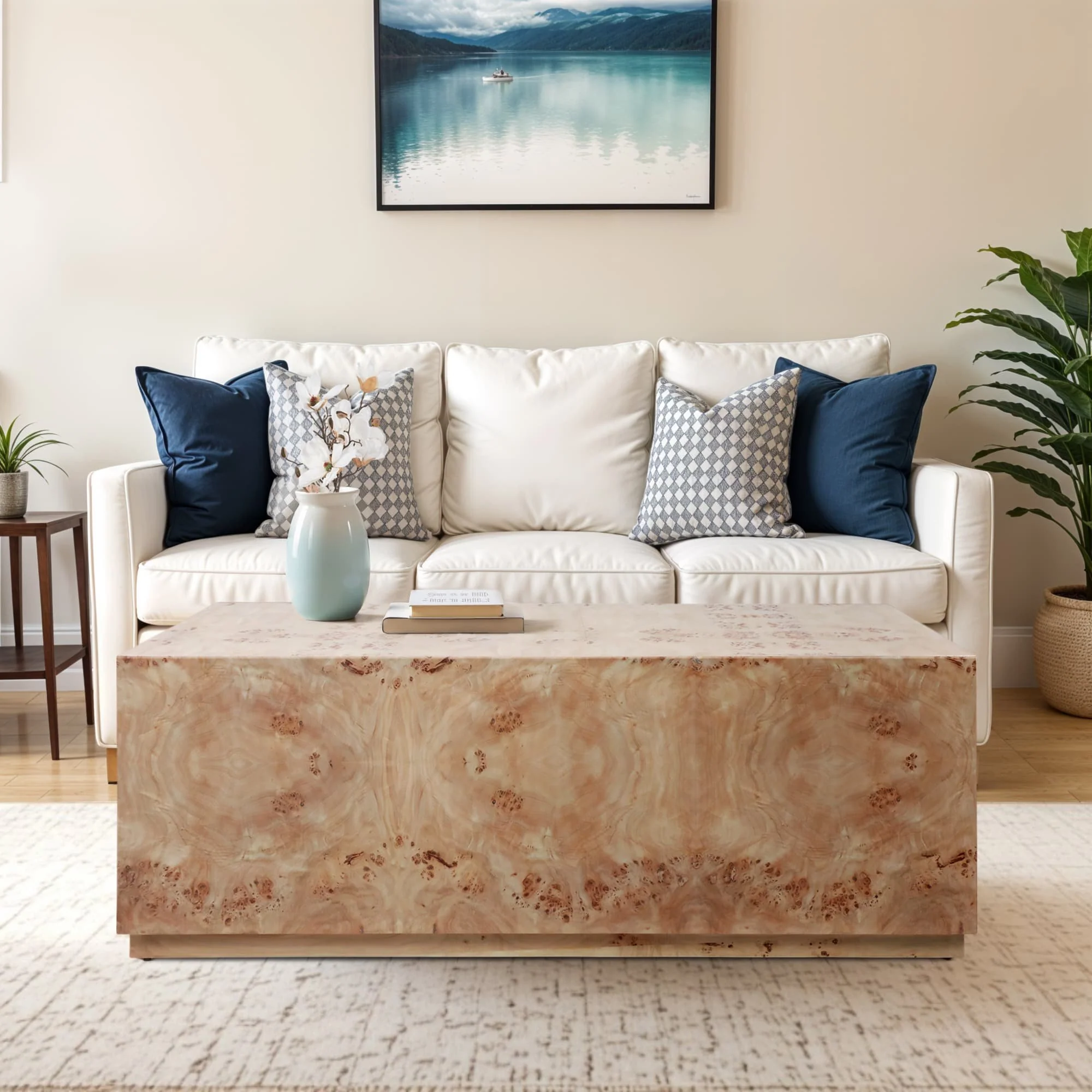 47x24 Rectangular Burl Wood Coffee Table, Tan - Image 9