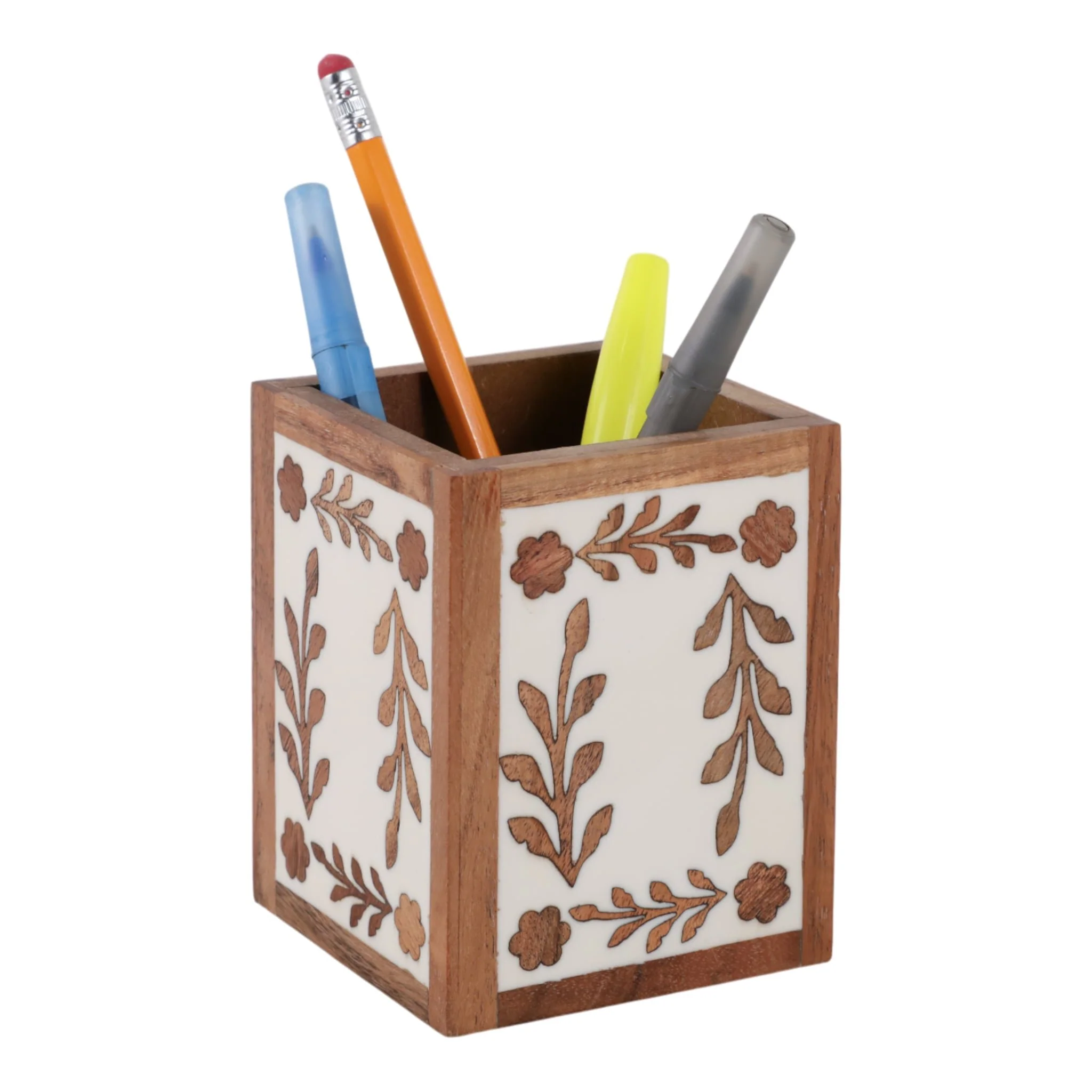 4x3" Wood Petals Resin Pencil Cup, Brown/white - Image 2