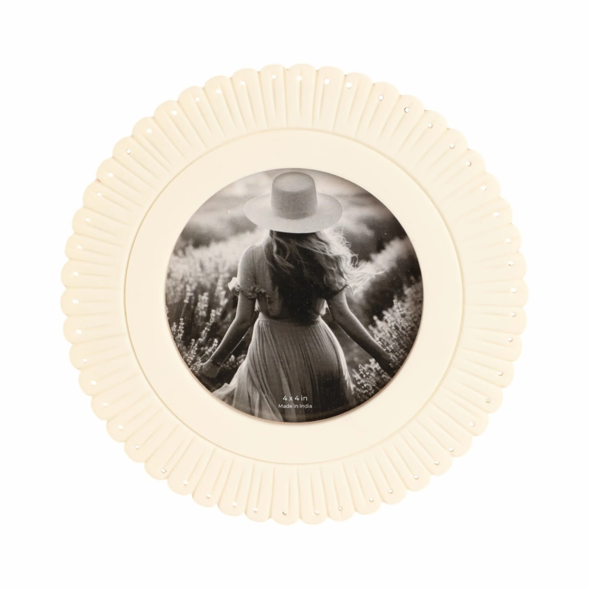 4x4 Round Etched Petal Resin Photo Frame, Ivory