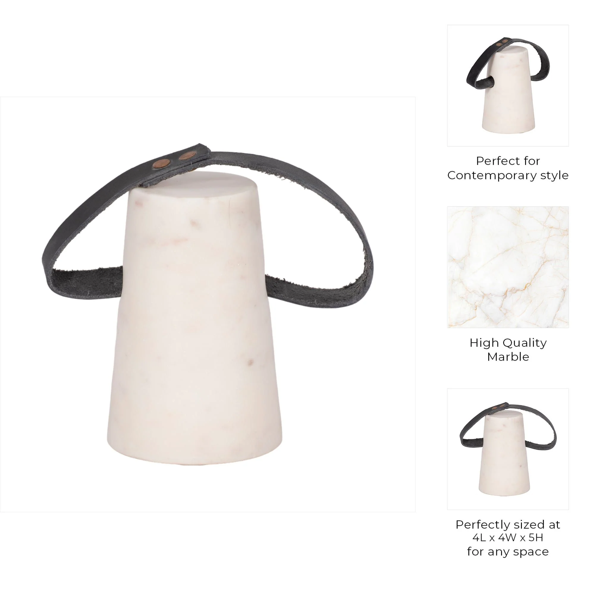 5" Marble Doorstop With Leather Handle, White/blac - Image 8