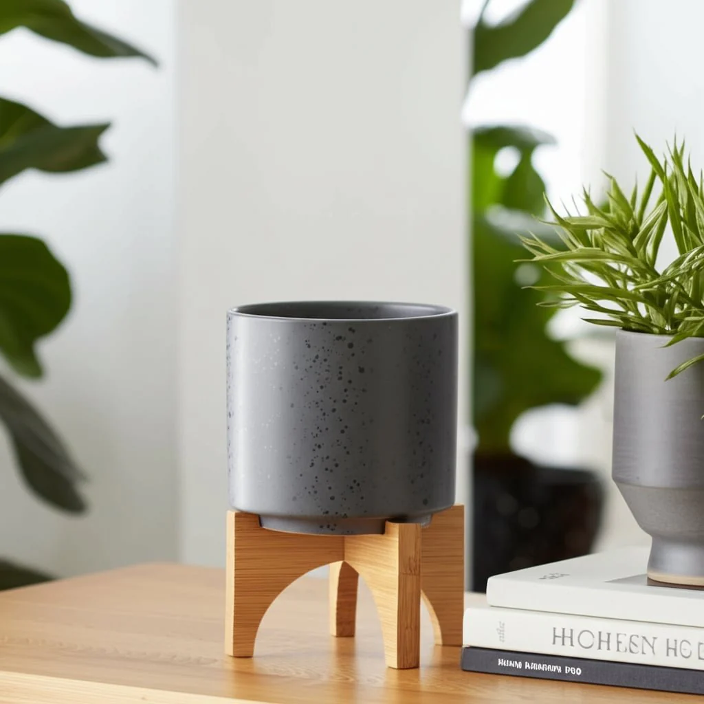 5" Planter W/ Wood Stand, Matte Gray - Image 13