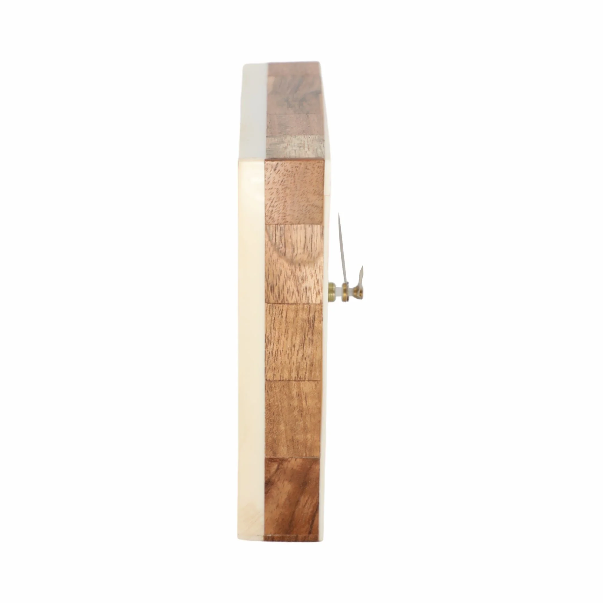 5" Square Resin Clock With Wood Inlay, Ivory/natur