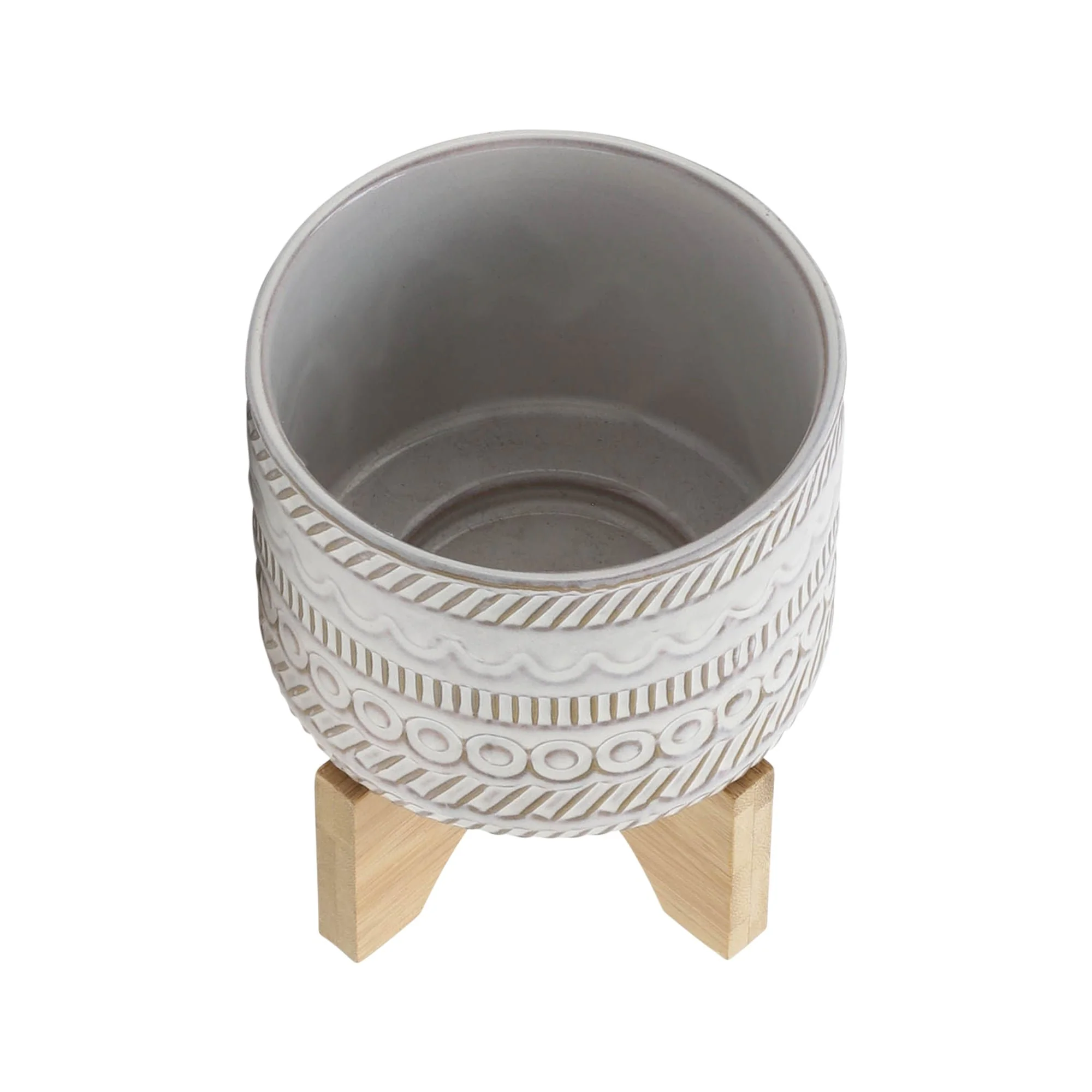 5" Tribal Planter W/ Wood Stand, Beige - Image 4