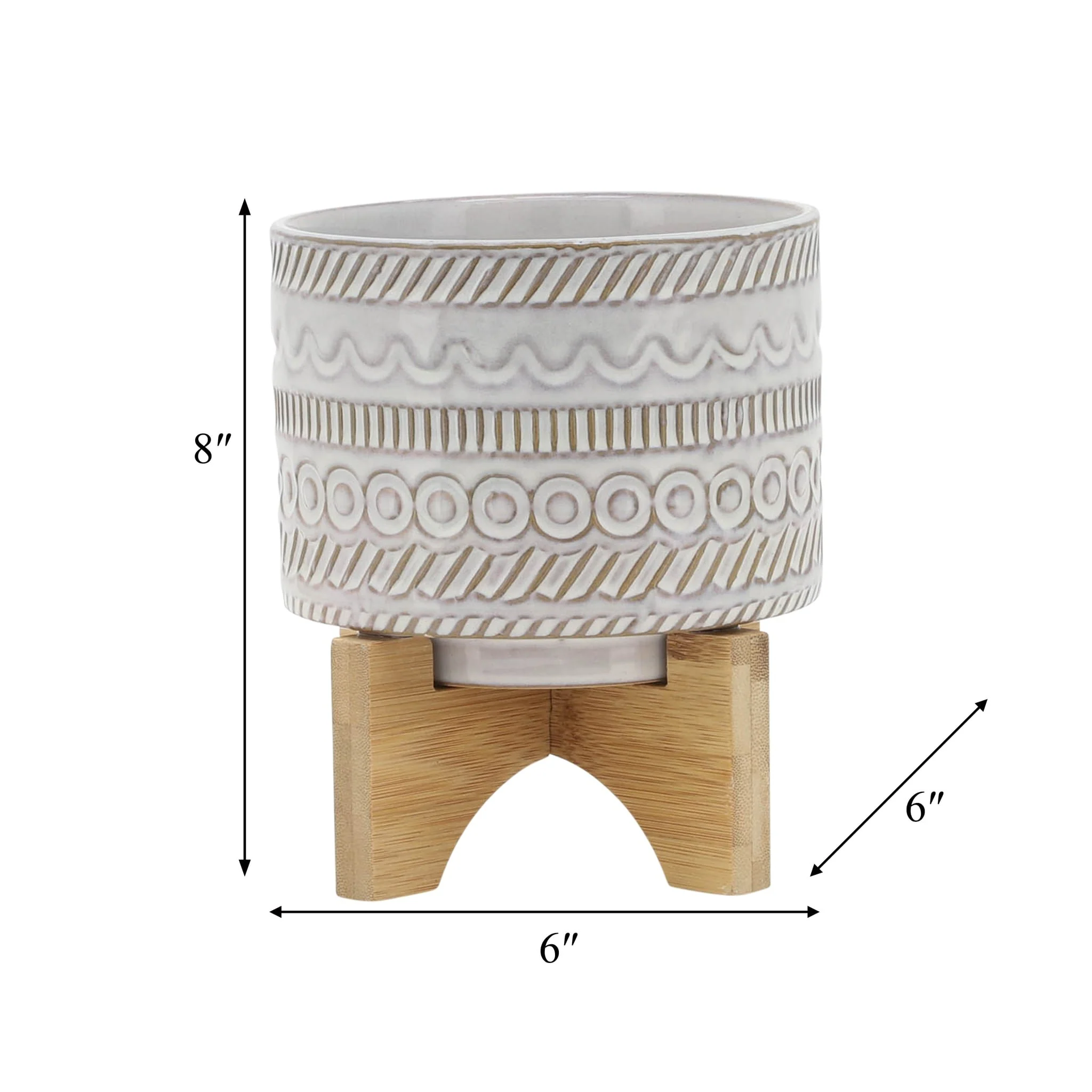 5" Tribal Planter W/ Wood Stand, Beige - Image 8