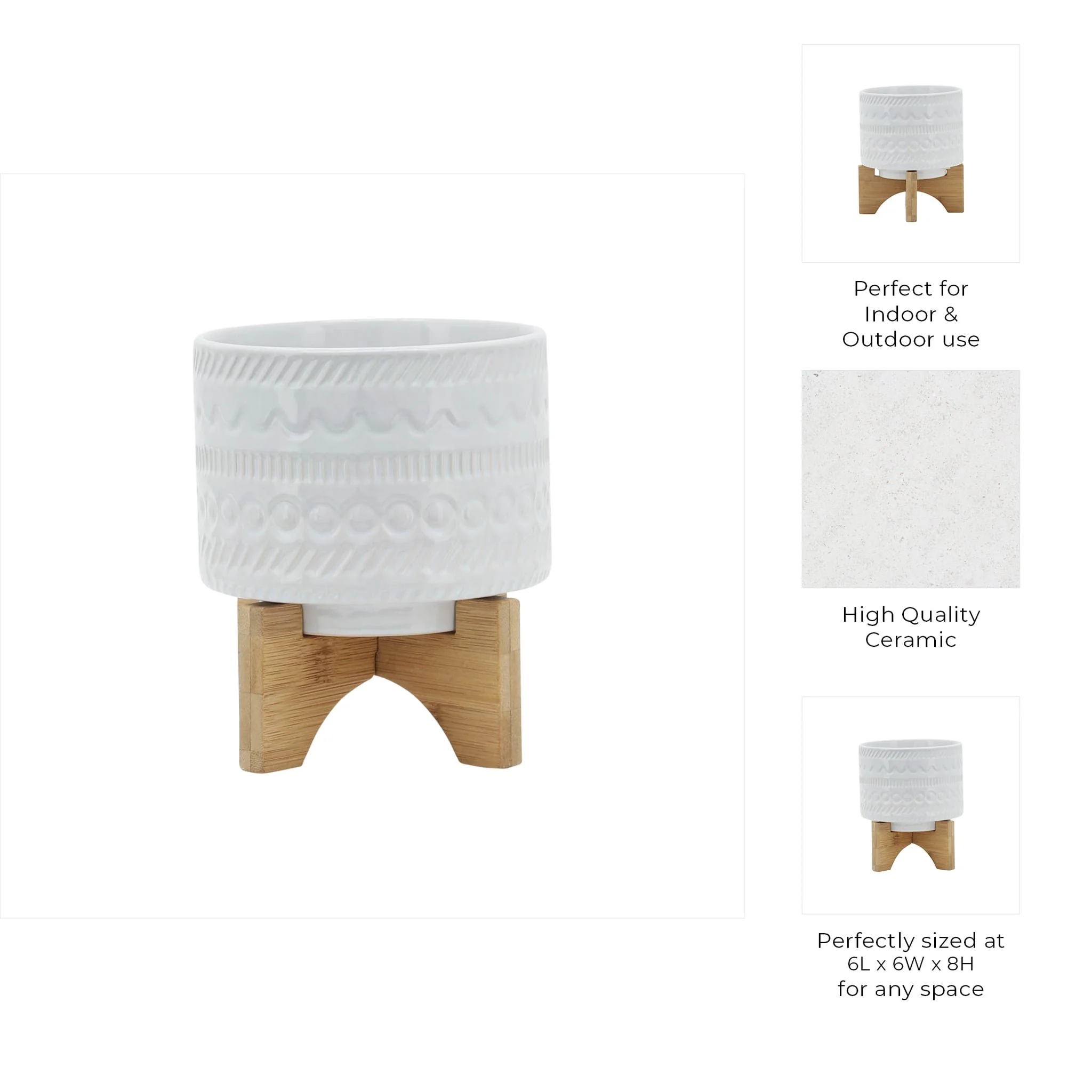 5" Tribal Planter W/ Wood Stand, White - Image 10