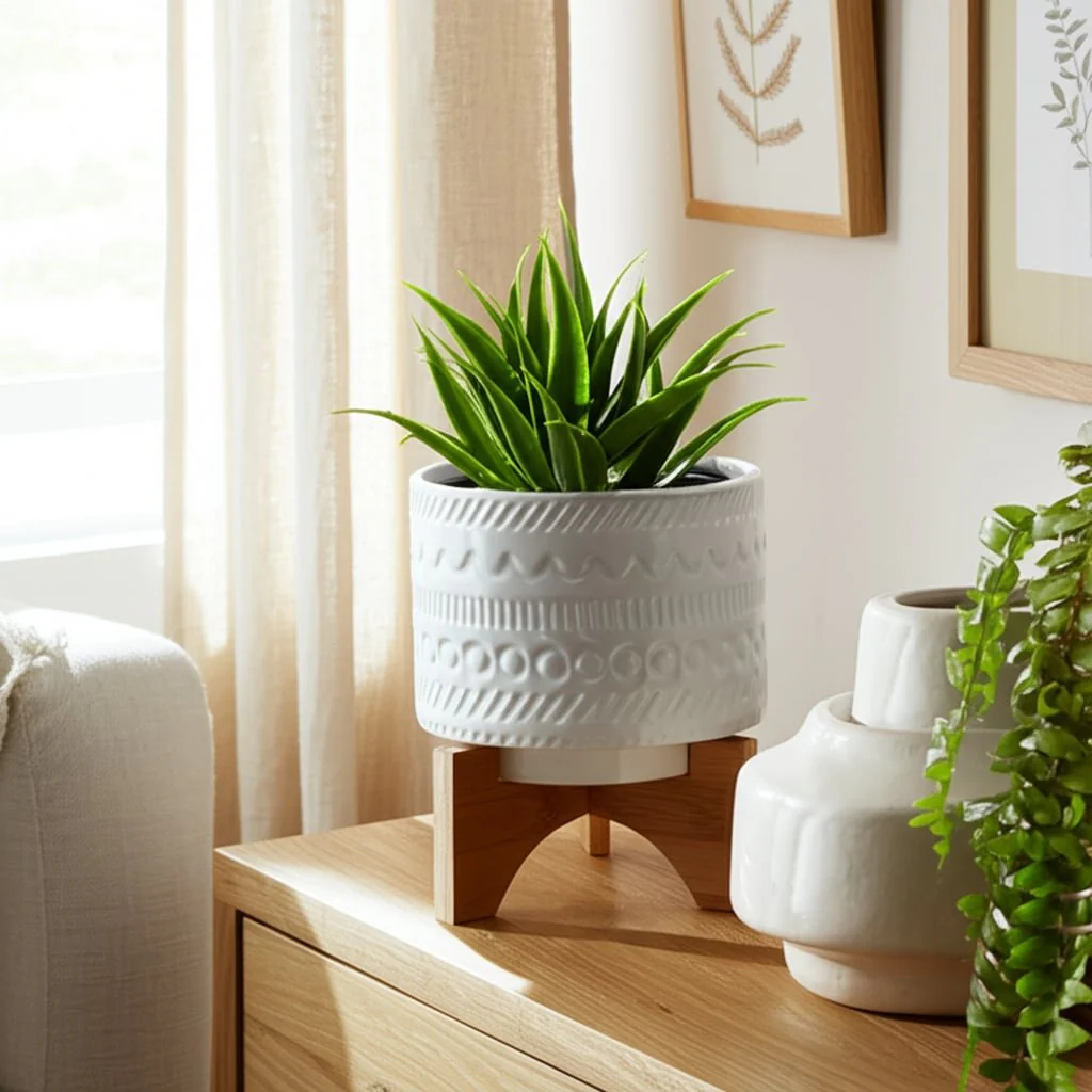 5" Tribal Planter W/ Wood Stand, White - Image 12
