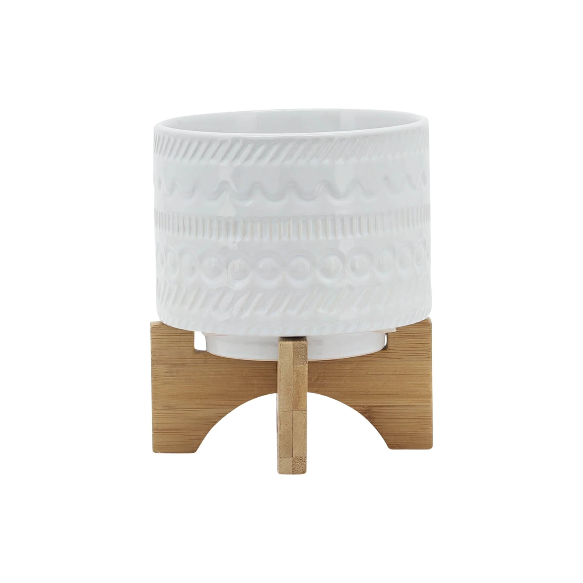 5" Tribal Planter W/ Wood Stand, White - Image 2