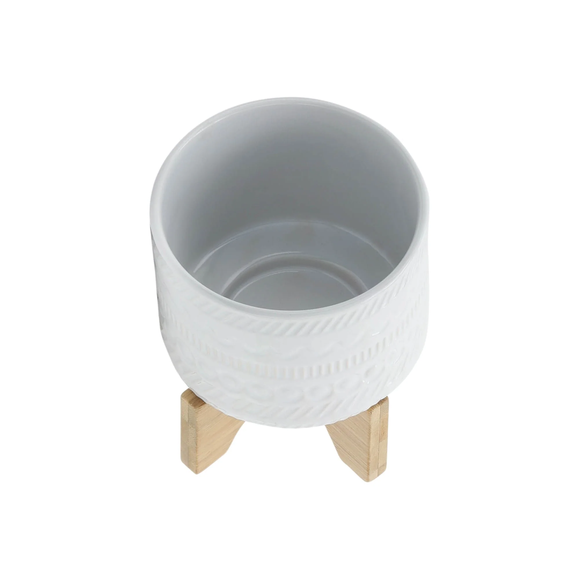 5" Tribal Planter W/ Wood Stand, White - Image 4