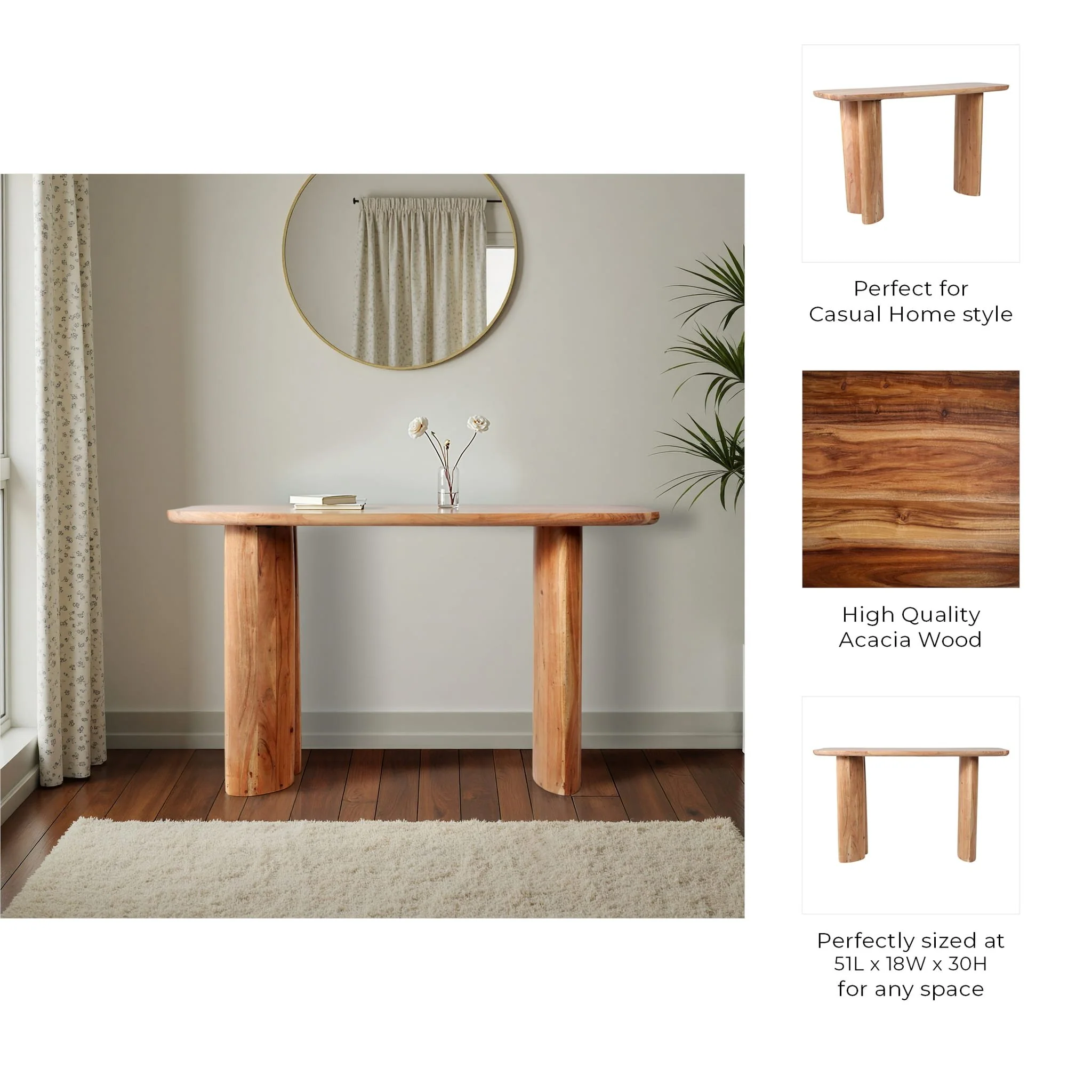 51x30 Acacia Curved Leg Console Table, Nat - Image 9