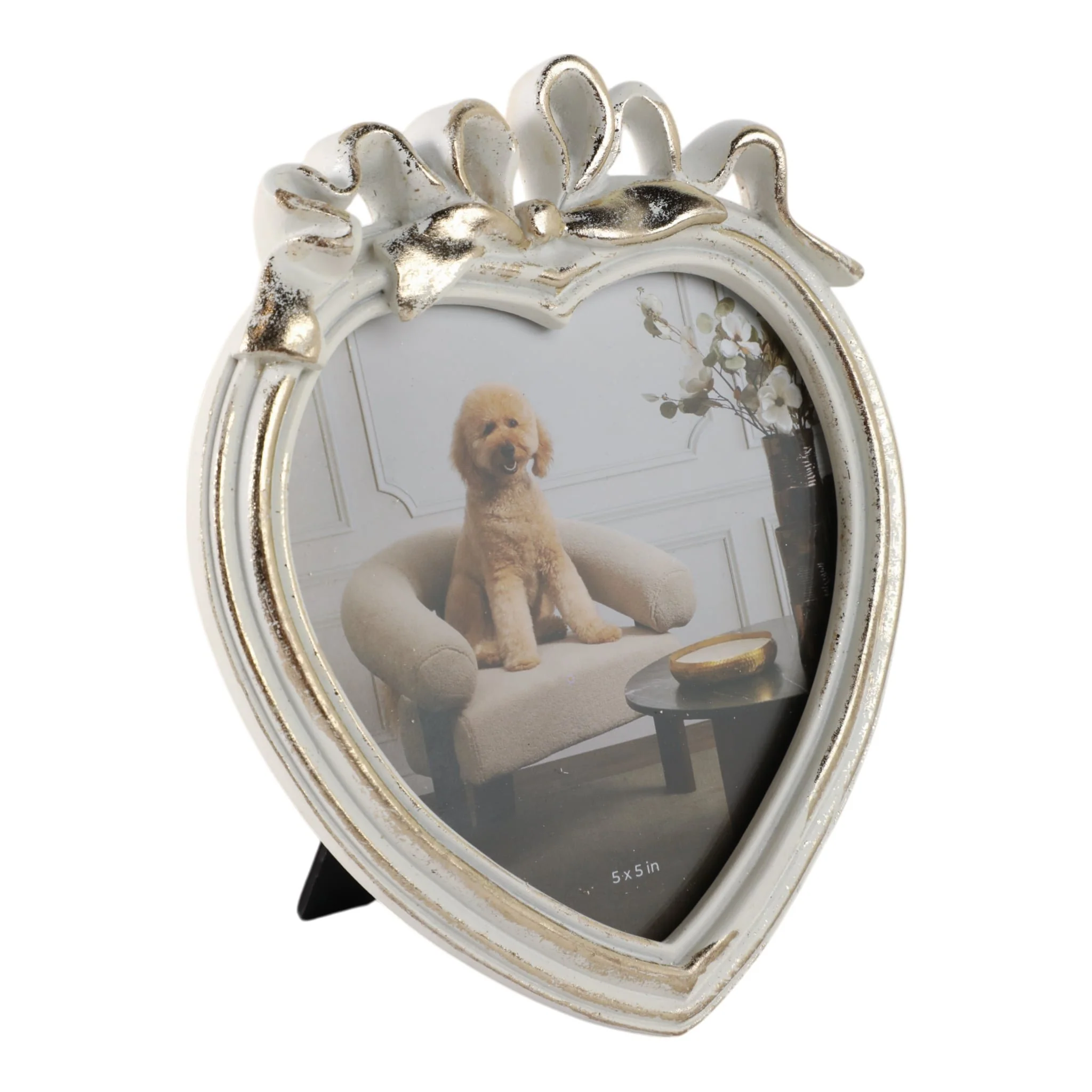 5x5 Heart Photo Frame With Bow, Ivory/gold - Image 2