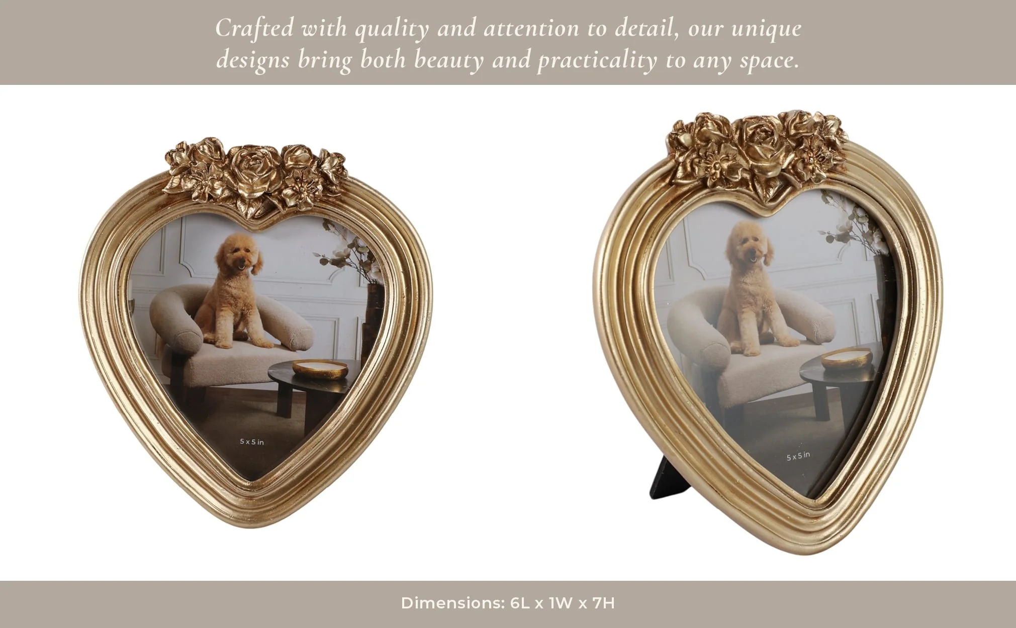 5x5 Heart Photo Frame With Roses, Gold - Image 10