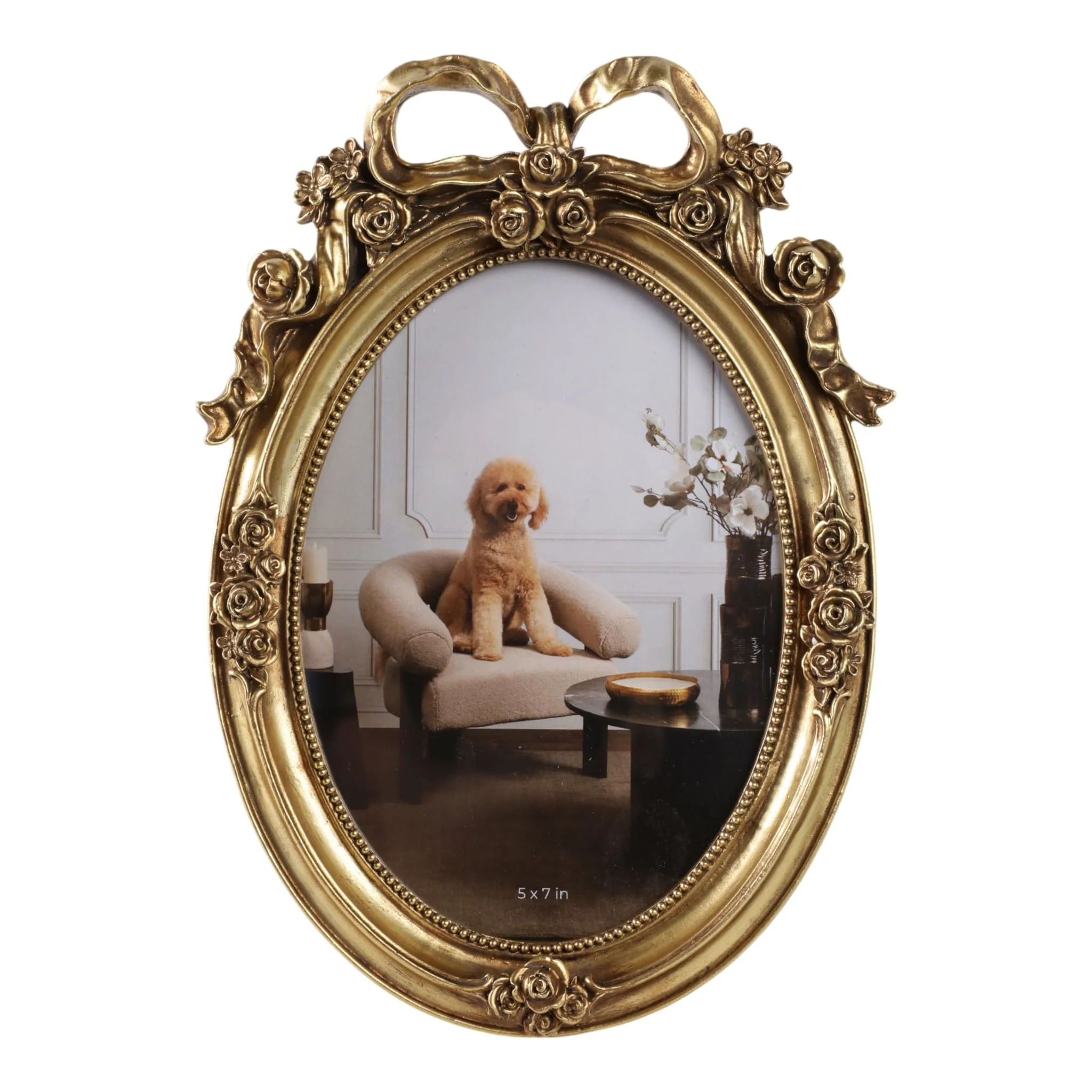 5x7 Resin Coquette Bow Oval Photo Frame, Gold