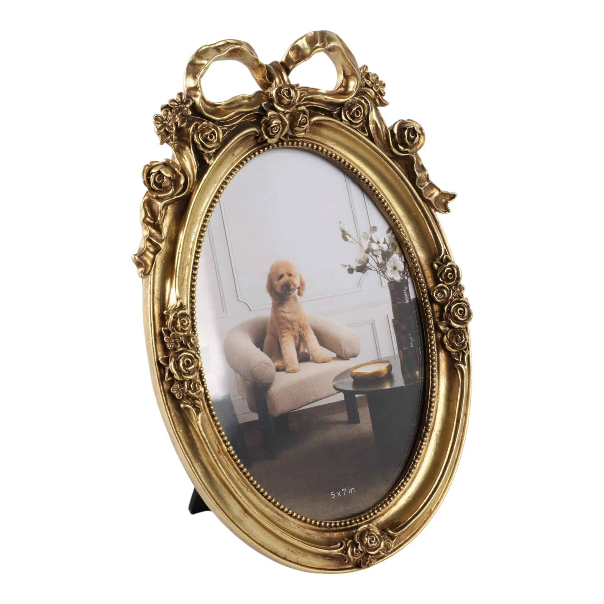5x7 Resin Coquette Bow Oval Photo Frame, Gold - Image 2