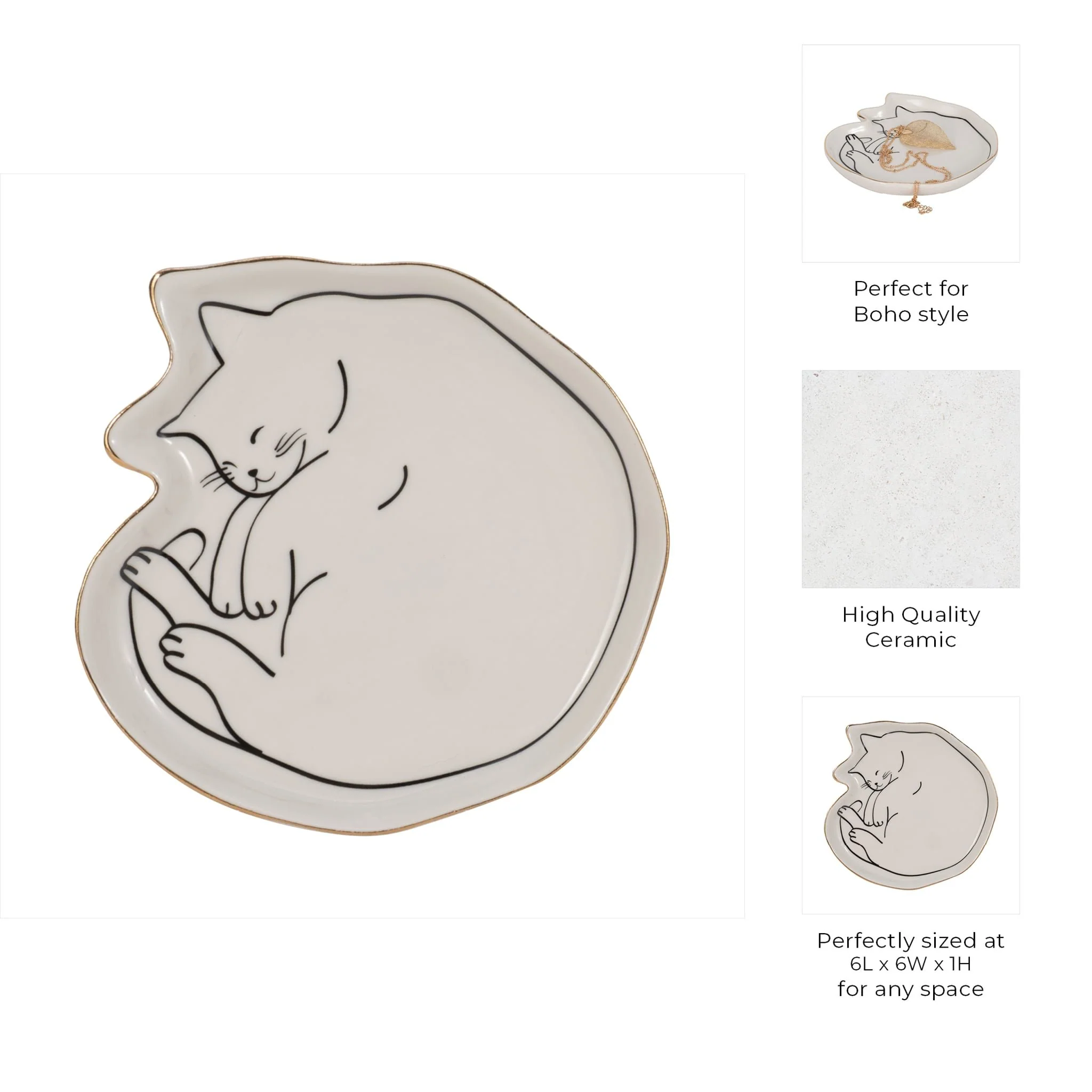 6" Cat Nap Trinket Tray W/ Gold Detail, White/blac - Image 8